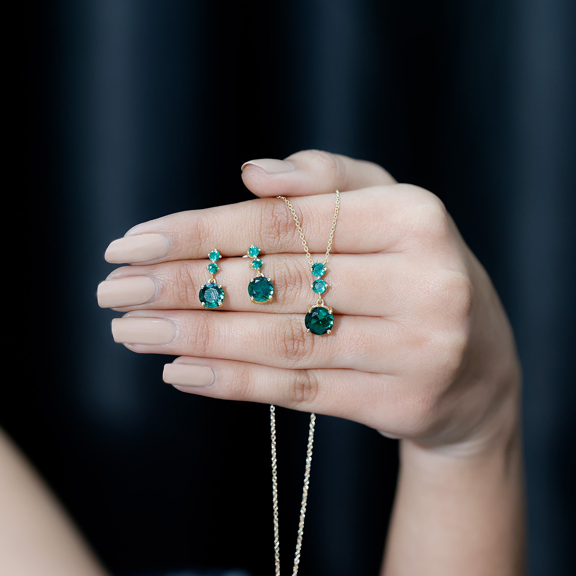 Certified Lab Created Emerald Dangle Necklace Earrings Set AAAA - Rosec Jewels