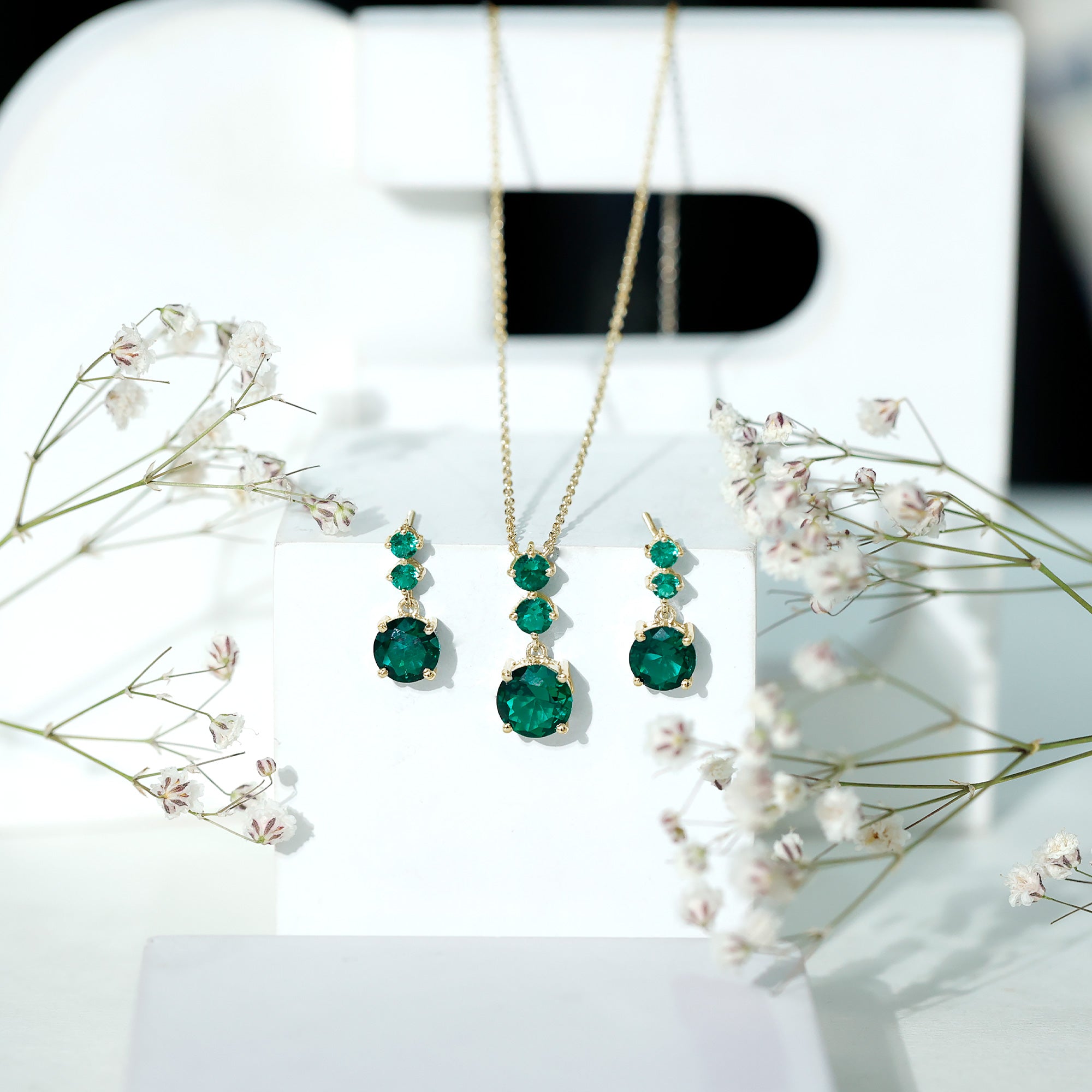 Certified Lab Created Emerald Dangle Necklace Earrings Set AAAA - Rosec Jewels