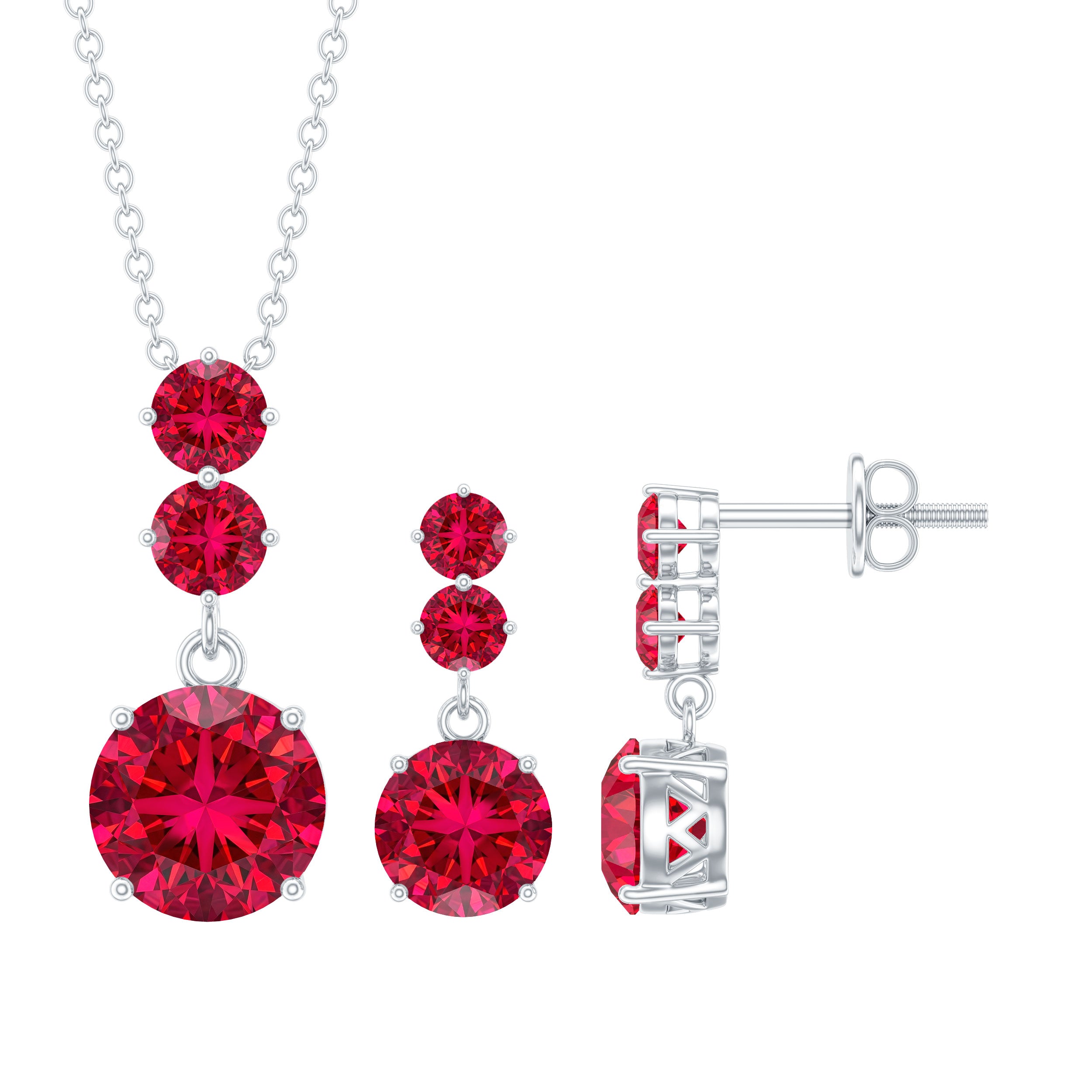 Lab Created Ruby Three Stone Dangle Jewelry Set AAAA - Rosec Jewels