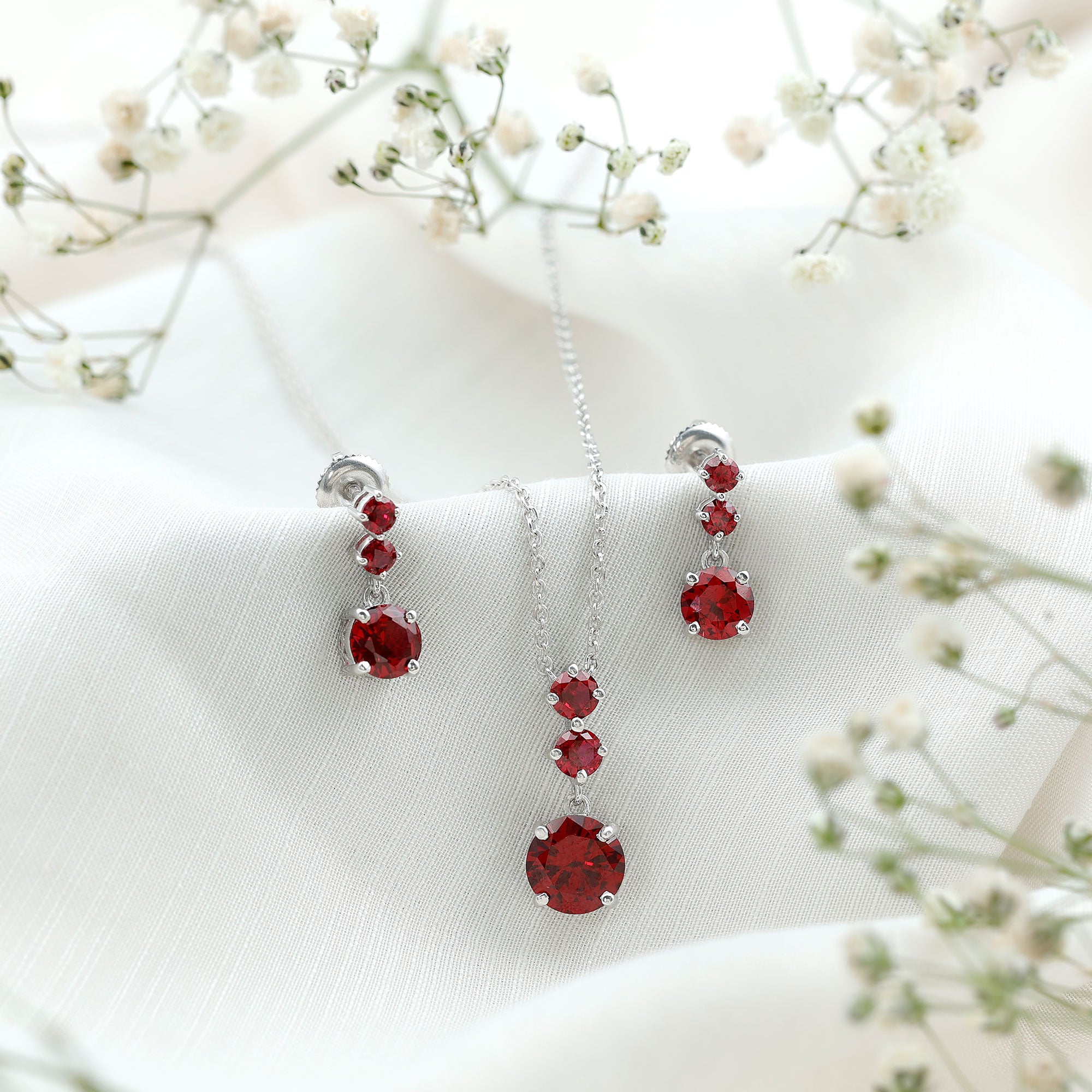 Lab Created Ruby Three Stone Dangle Jewelry Set AAAA - Rosec Jewels