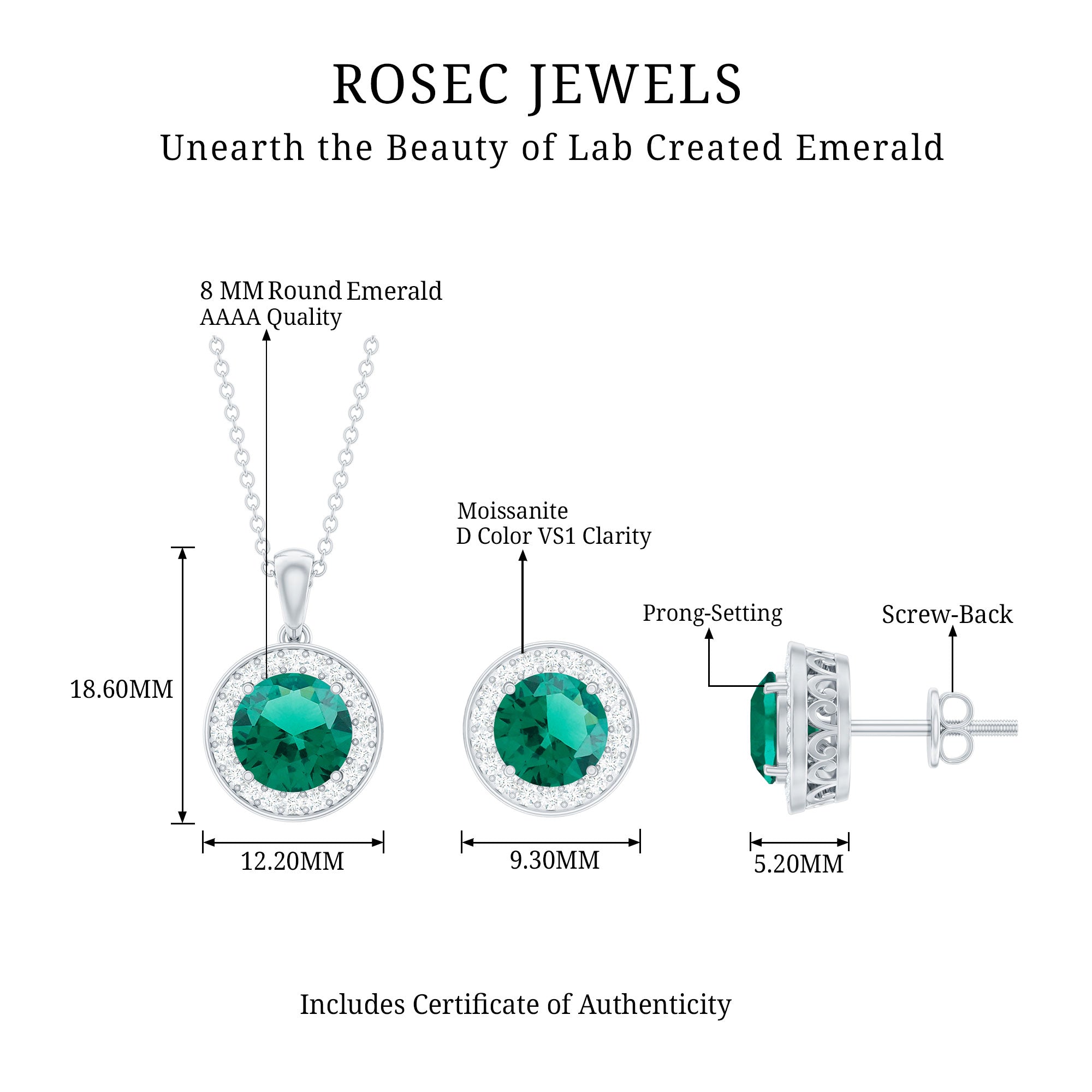 Certified Lab Grown Emerald Moissanite Bridal Jewelry Set AAAA - Rosec Jewels