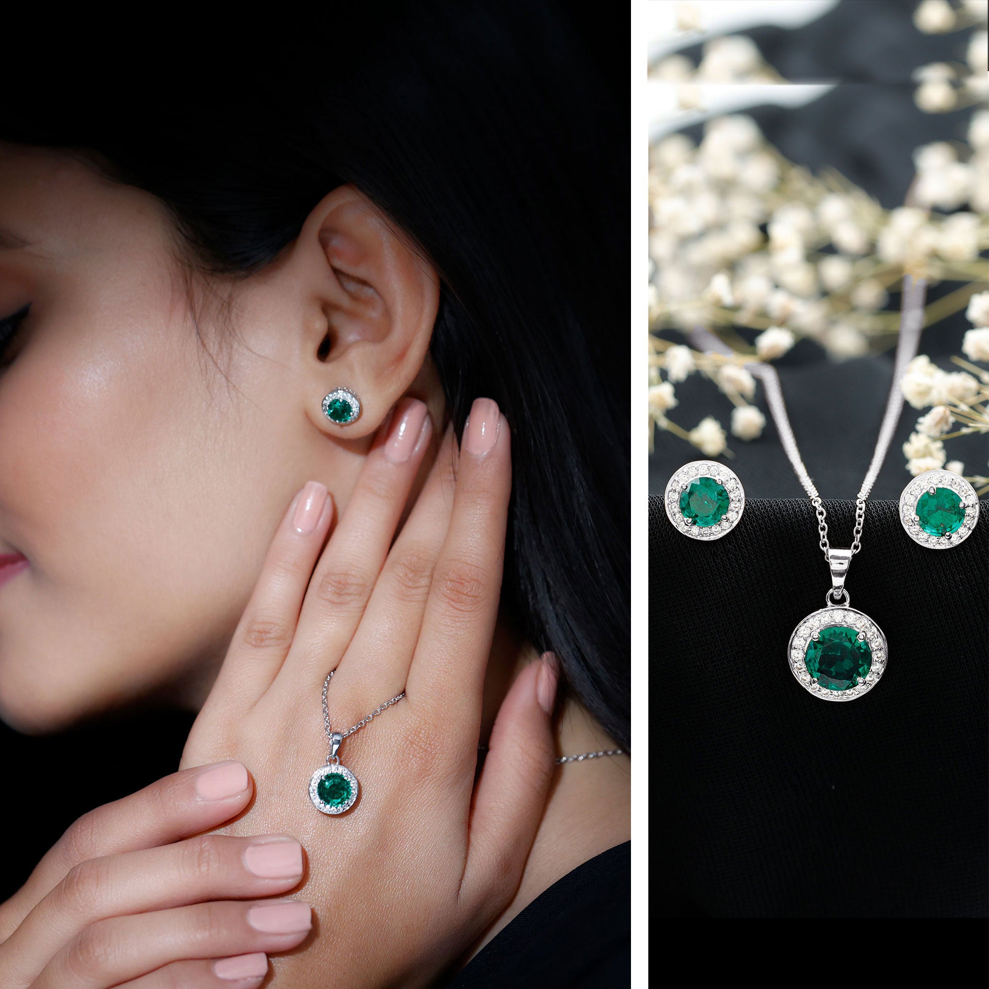 Certified Lab Grown Emerald Moissanite Bridal Jewelry Set AAAA - Rosec Jewels