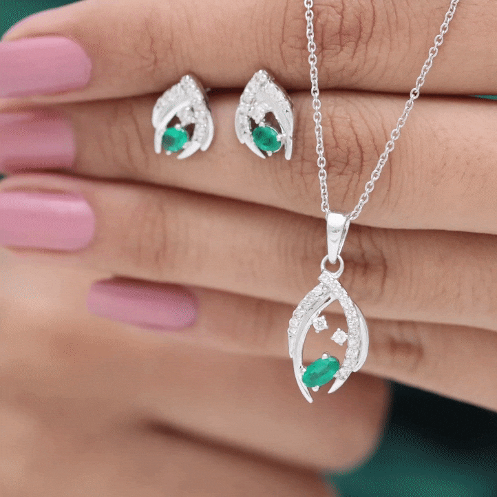 Minimalist Emerald and Diamond Necklace and Earrings Set AAA - Rosec Jewels