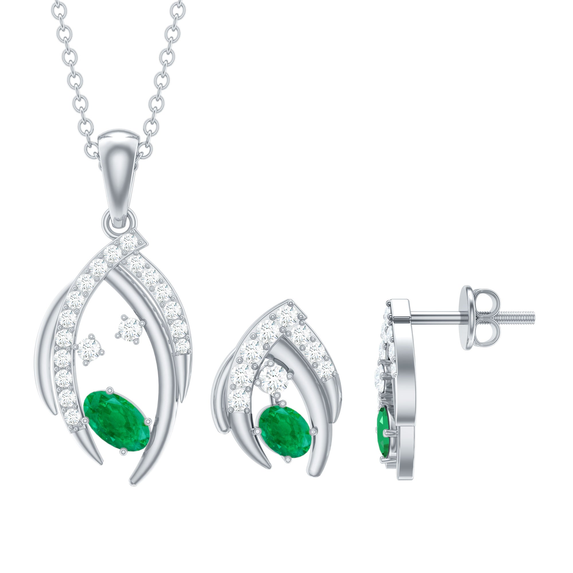 Minimalist Emerald and Diamond Necklace and Earrings Set AAA - Rosec Jewels