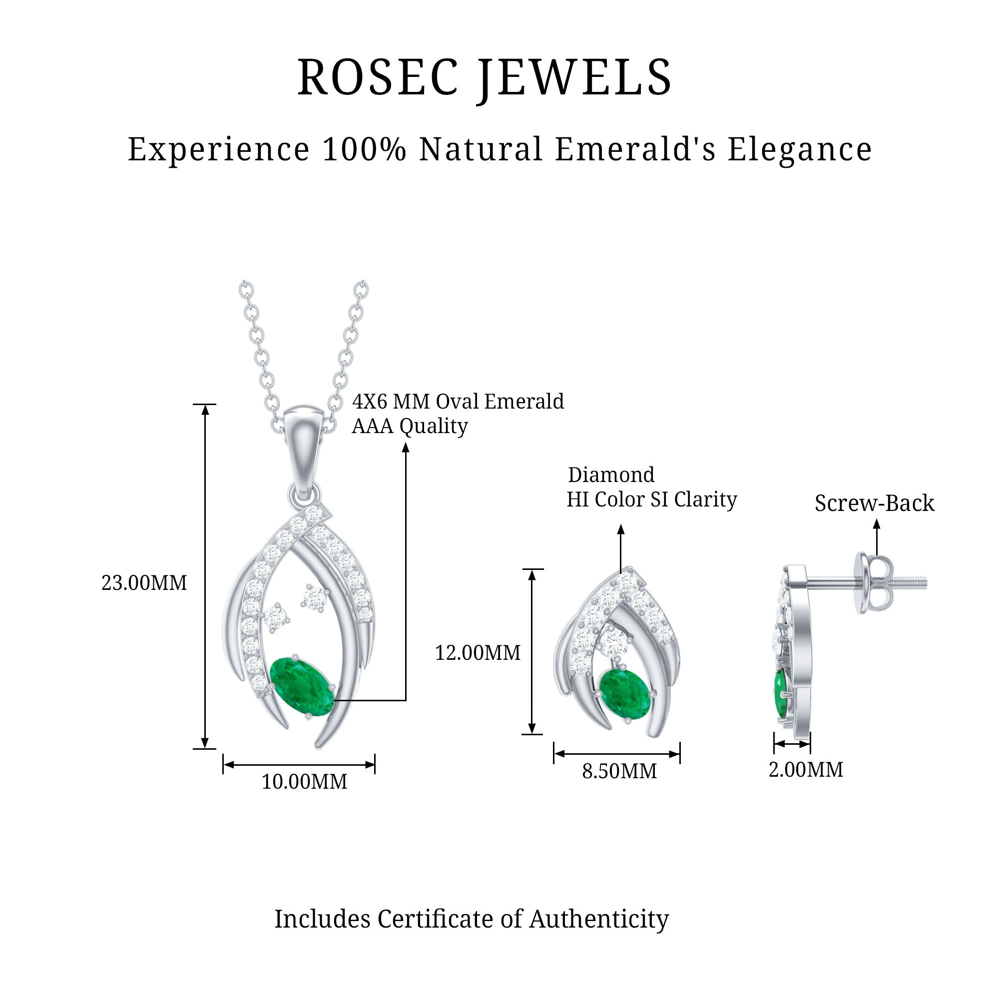 Minimalist Emerald and Diamond Necklace and Earrings Set AAA - Rosec Jewels