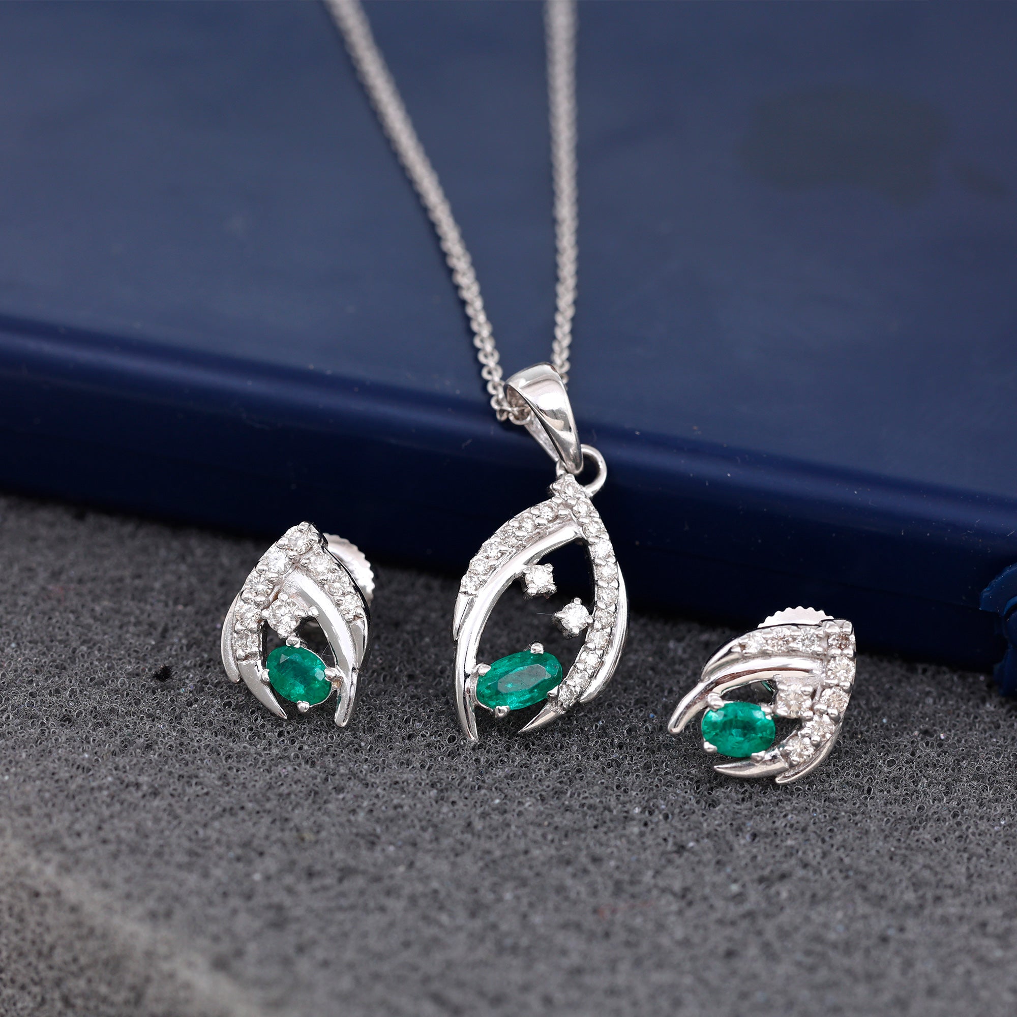 Minimalist Emerald and Diamond Necklace and Earrings Set AAA - Rosec Jewels