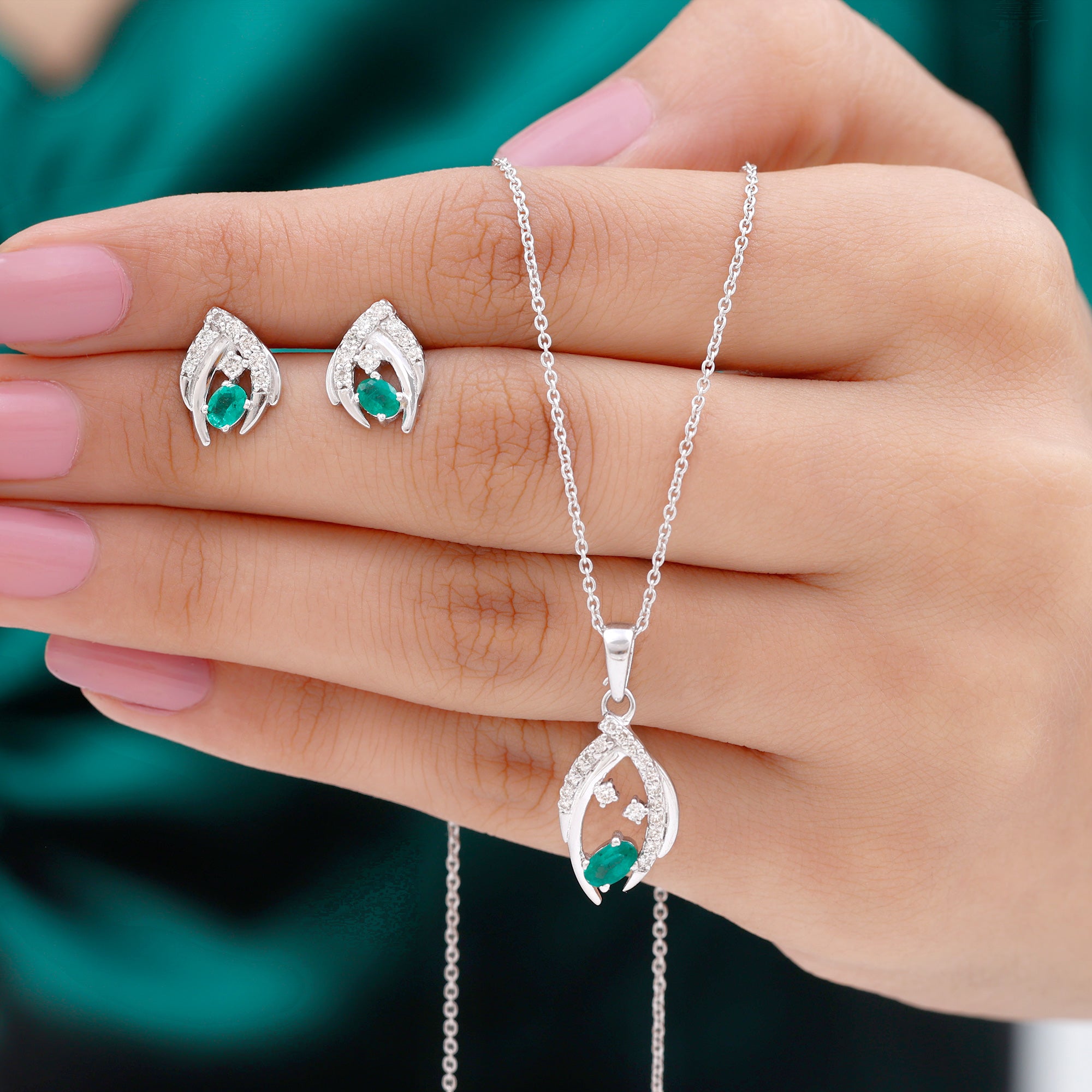 Minimalist Emerald and Diamond Necklace and Earrings Set AAA - Rosec Jewels