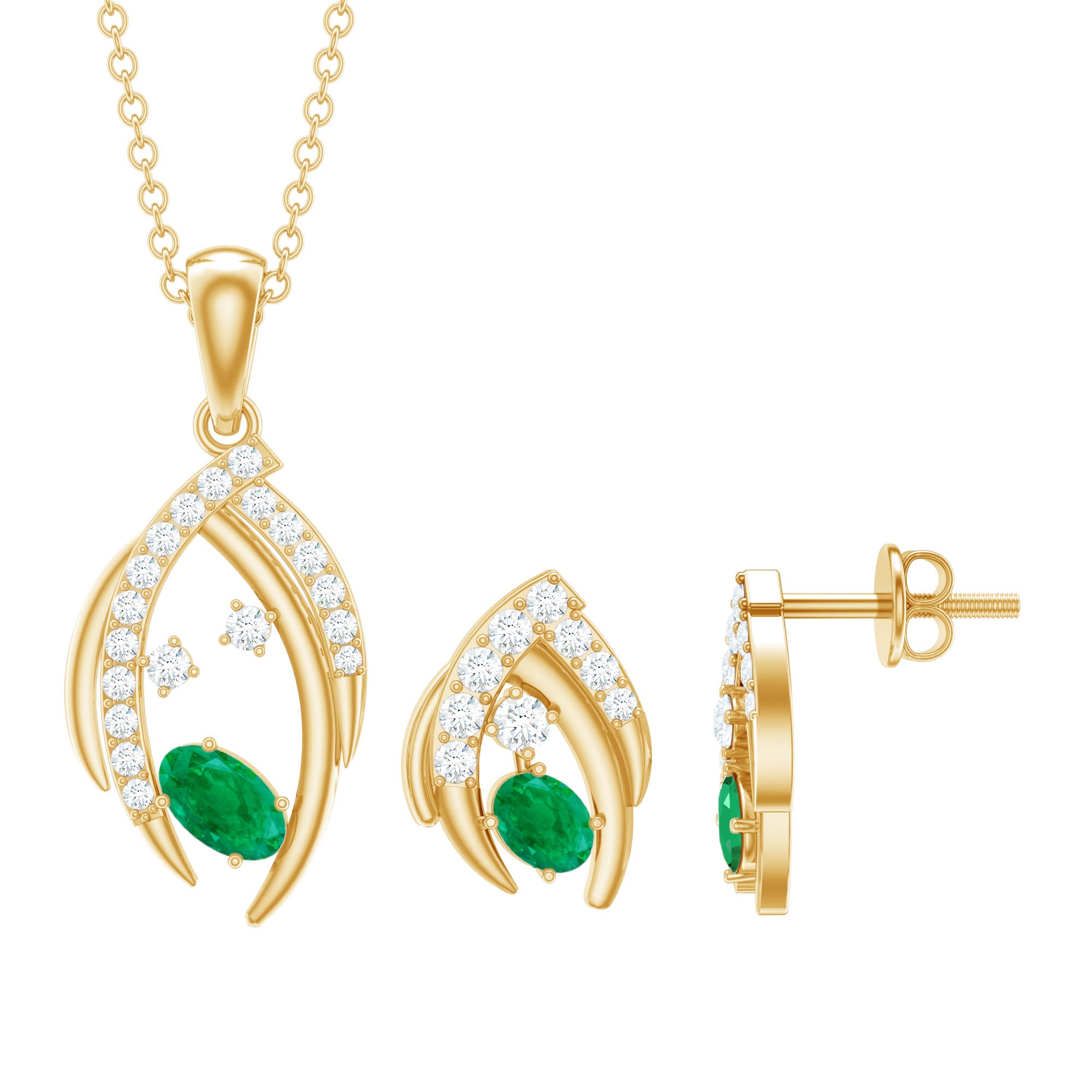 Minimalist Emerald and Diamond Necklace and Earrings Set AAA - Rosec Jewels