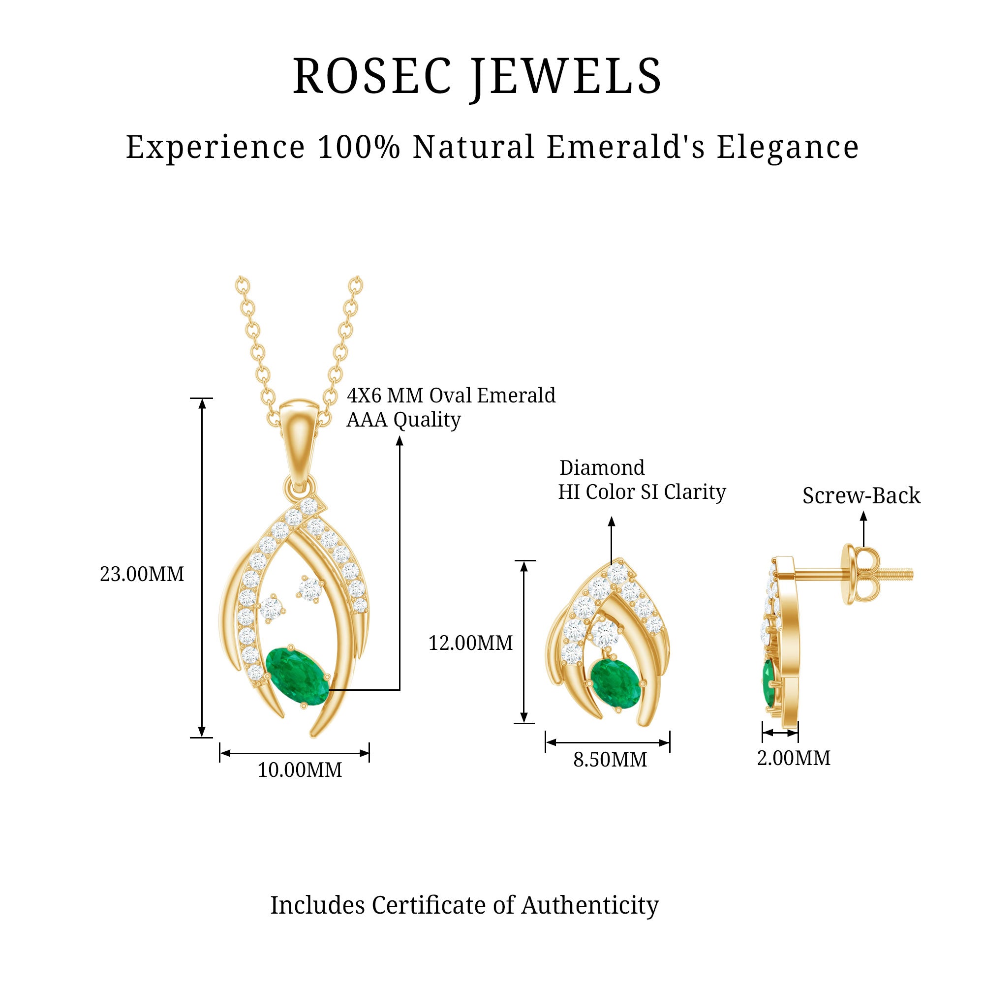 Minimalist Emerald and Diamond Necklace and Earrings Set AAA - Rosec Jewels