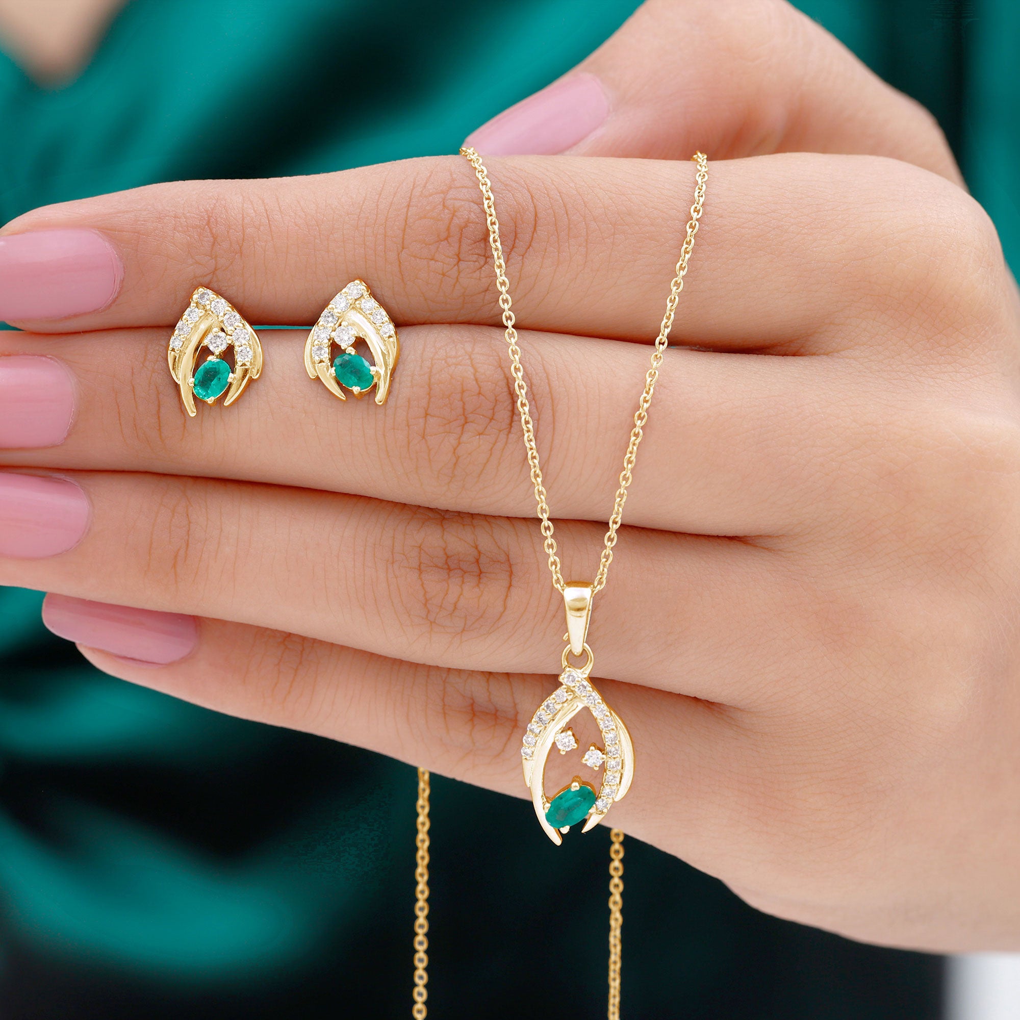 Minimalist Emerald and Diamond Necklace and Earrings Set AAA - Rosec Jewels