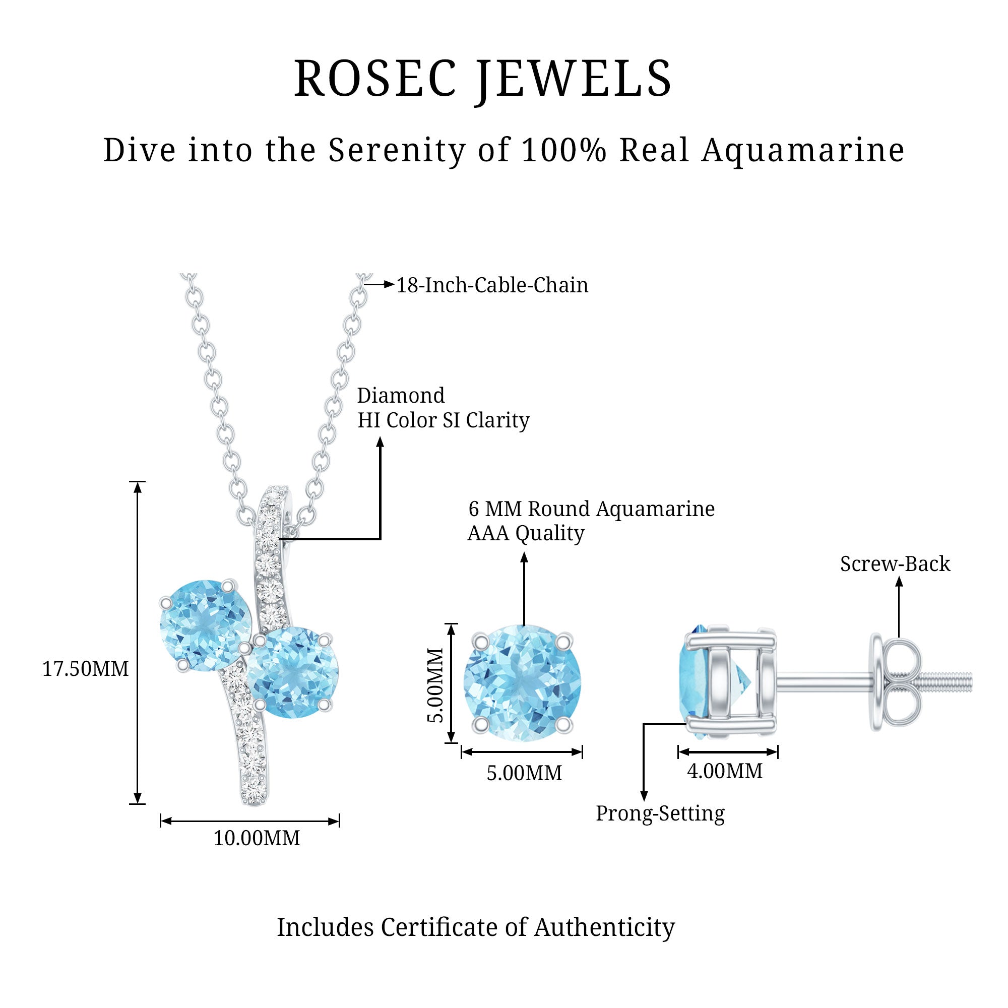 Aquamarine Bridal Jewelry Set with Diamond Accent AAA - Rosec Jewels