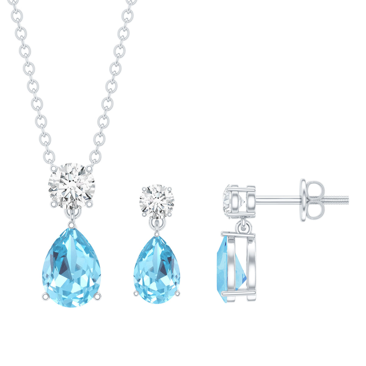 Real Pear Cut Aquamarine Teardrop Jewelry Set with Diamond