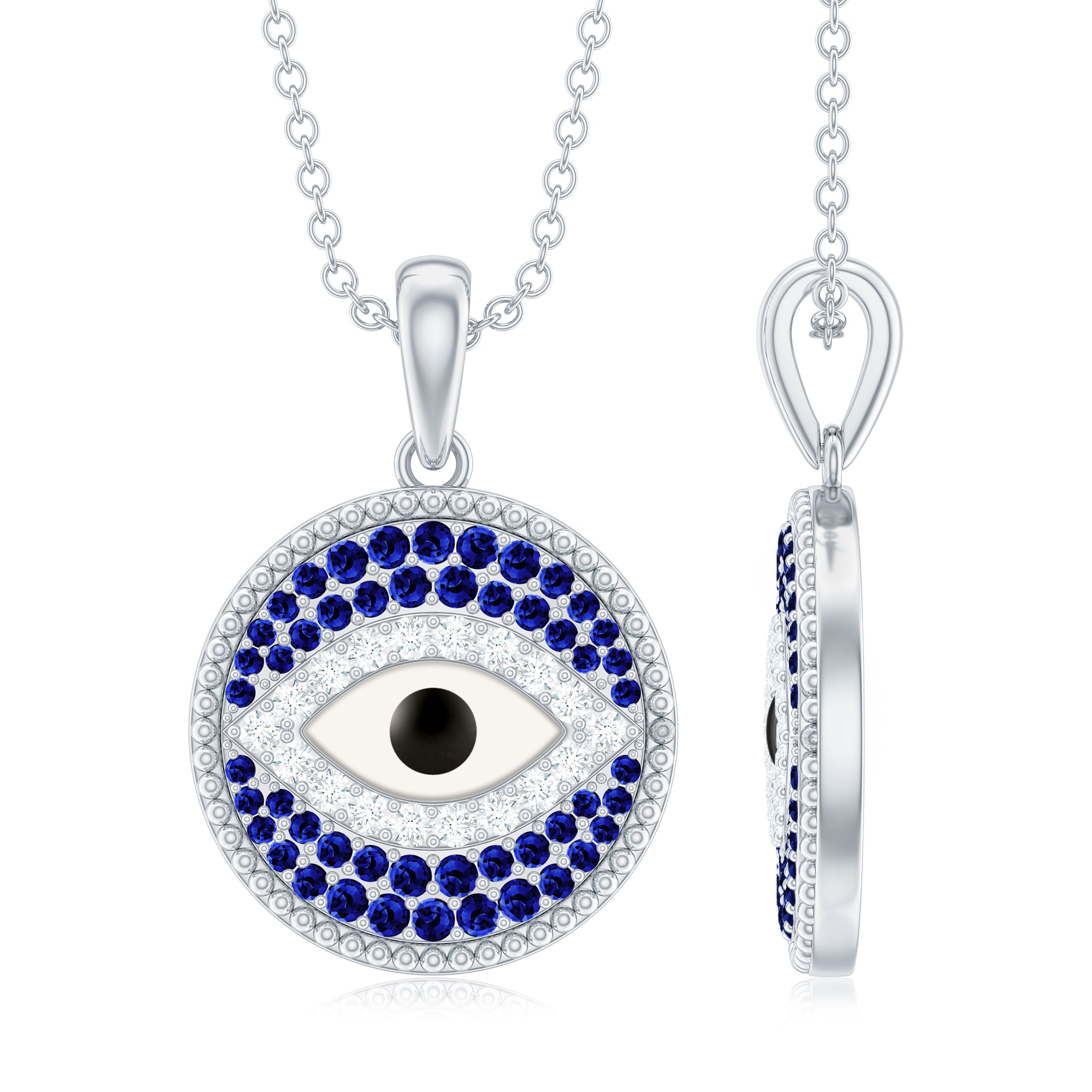 3/4 CT Created Blue Sapphire and Zircon Evil Eye Pendant Necklace in Silver - Rosec Jewels