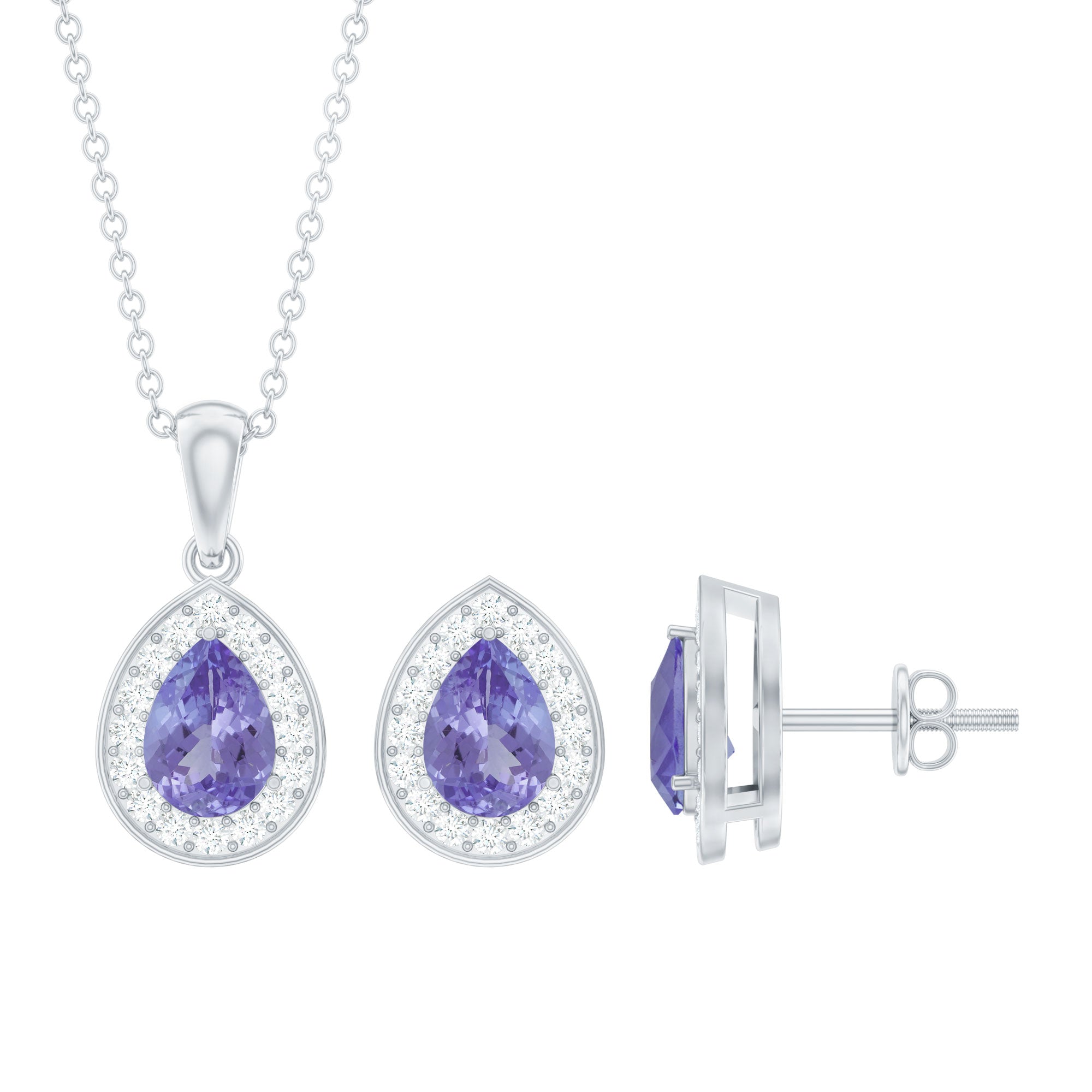 Certified 2.52 Carat Tanzanite Teardrop Jewelry Set with Moissanite Halo