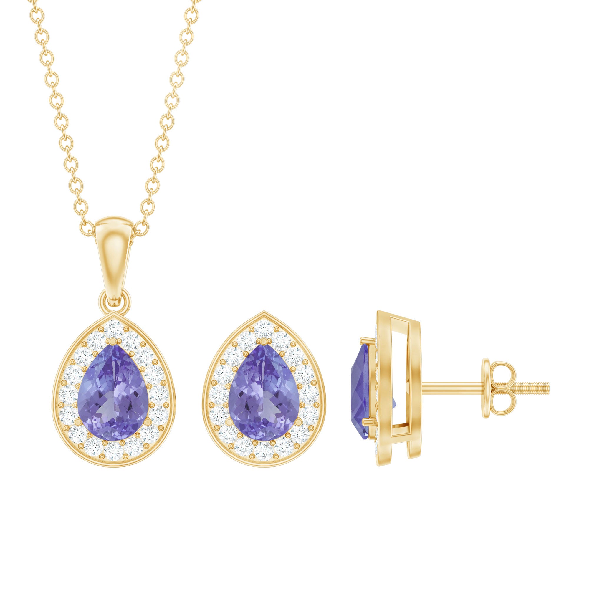 Certified Tanzanite Teardrop Jewelry Set with Moissanite Halo AAA - Rosec Jewels
