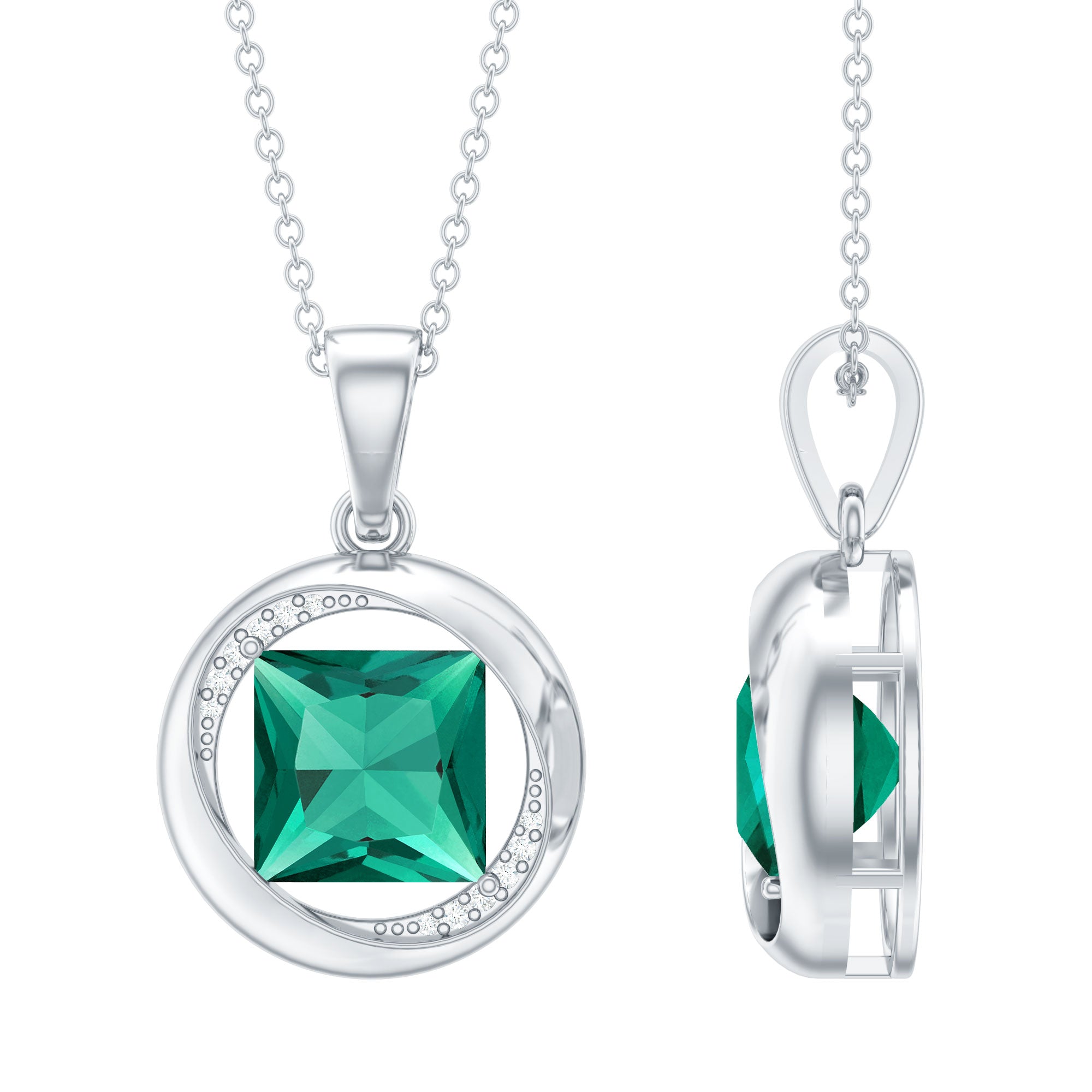 2.4 Carat Lab Created Emerald Princess Cut Pendant with Diamond AAAA - Rosec Jewels