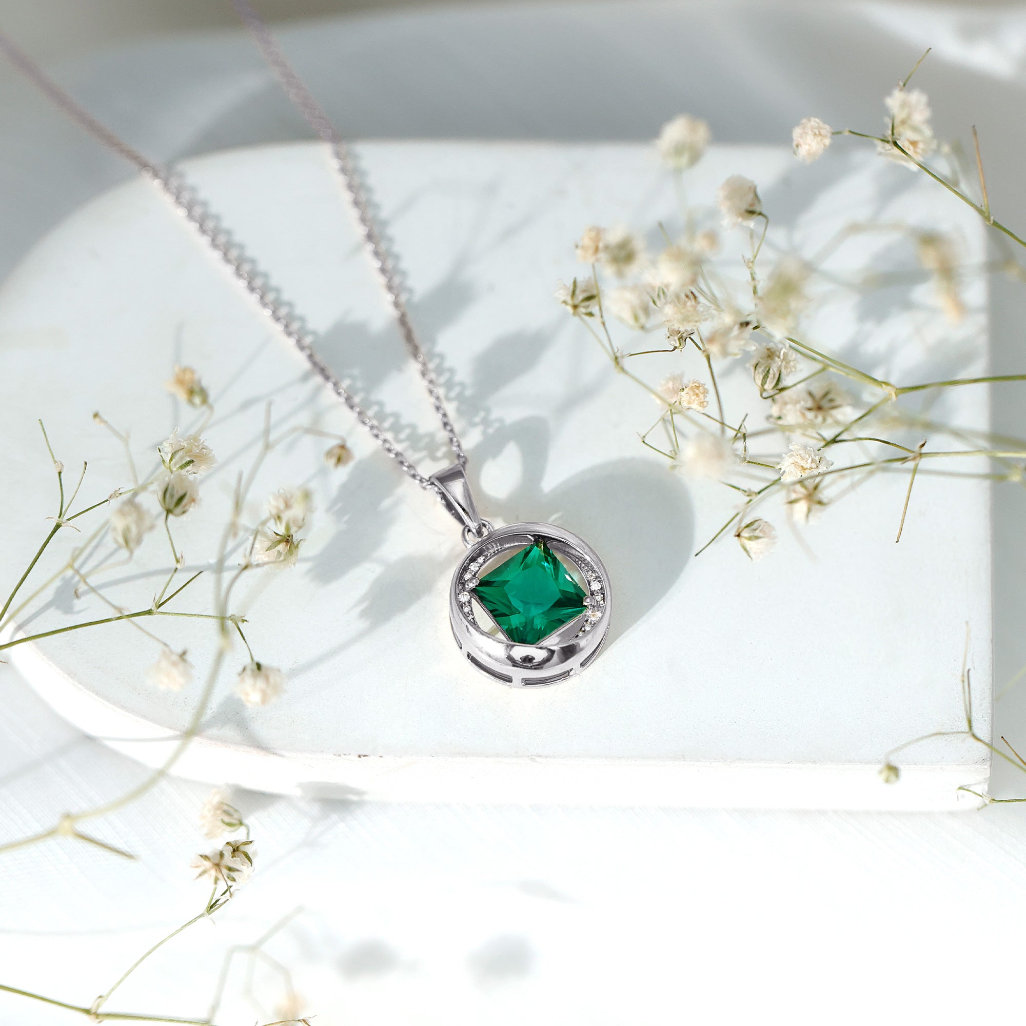 2.4 Carat Lab Created Emerald Princess Cut Pendant with Diamond AAAA - Rosec Jewels
