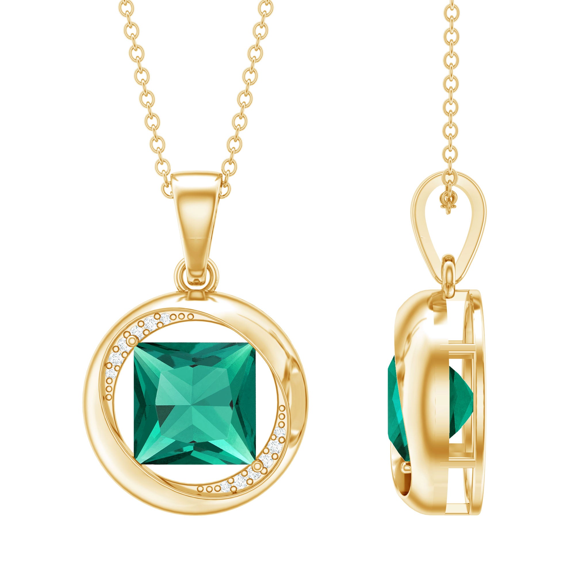 2.4 Carat Lab Created Emerald Princess Cut Pendant with Diamond AAAA - Rosec Jewels