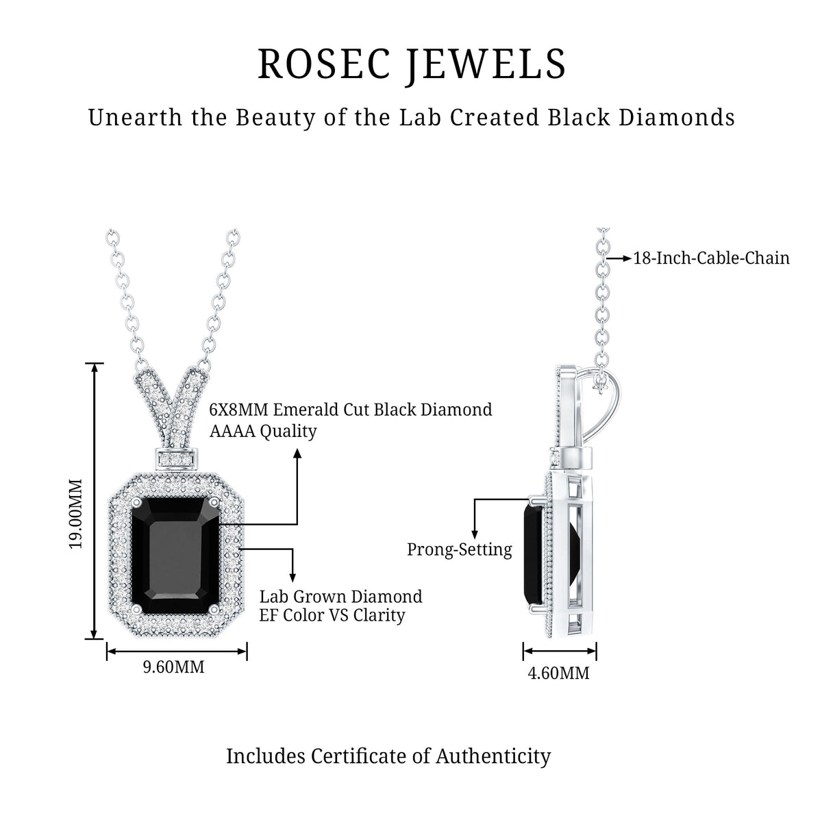1.68 Carat Emerald Cut Lab Grown Black and White Diamond Vintage Necklace AAAA ( Synthetic ) - Rosec Jewels