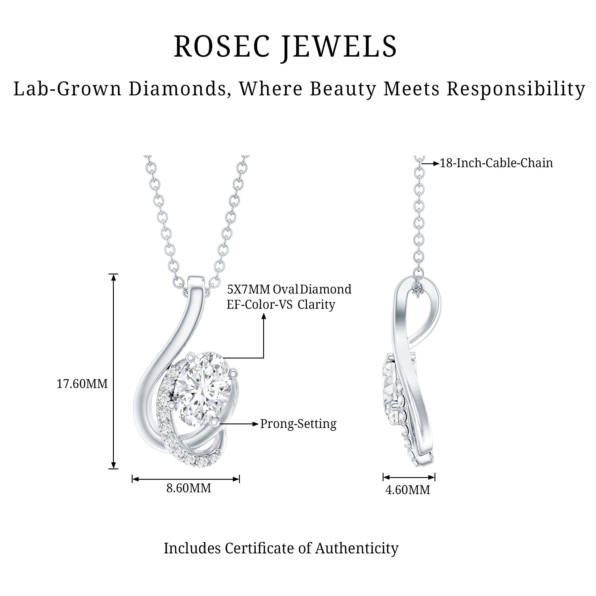 Certified Oval Shape Lab Grown Diamond Designer Necklace Lab - ( EF-VS ) - Rosec Jewels