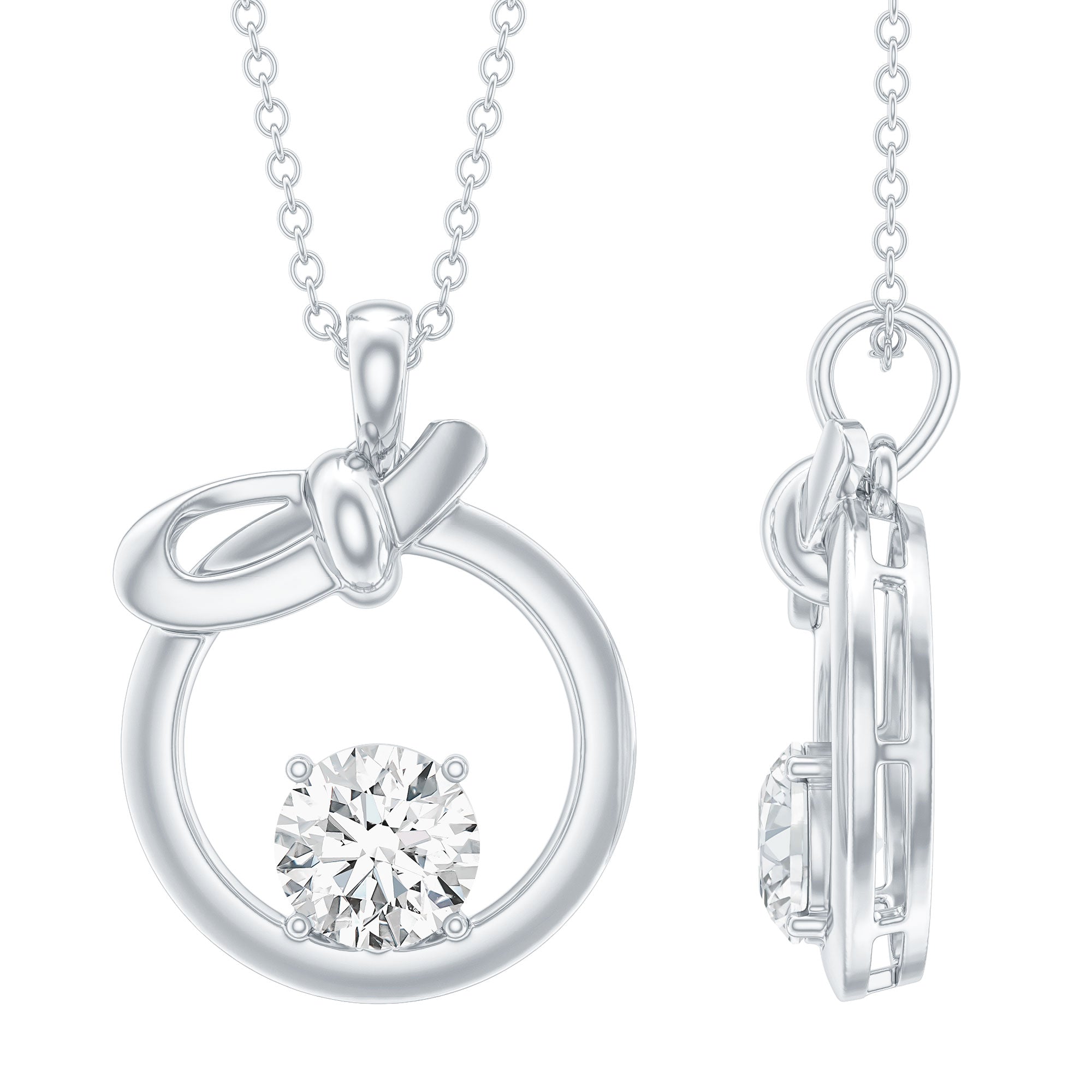Round Lab Grown Diamond Open Circle Necklace with Bow Lab - ( EF-VS ) - Rosec Jewels