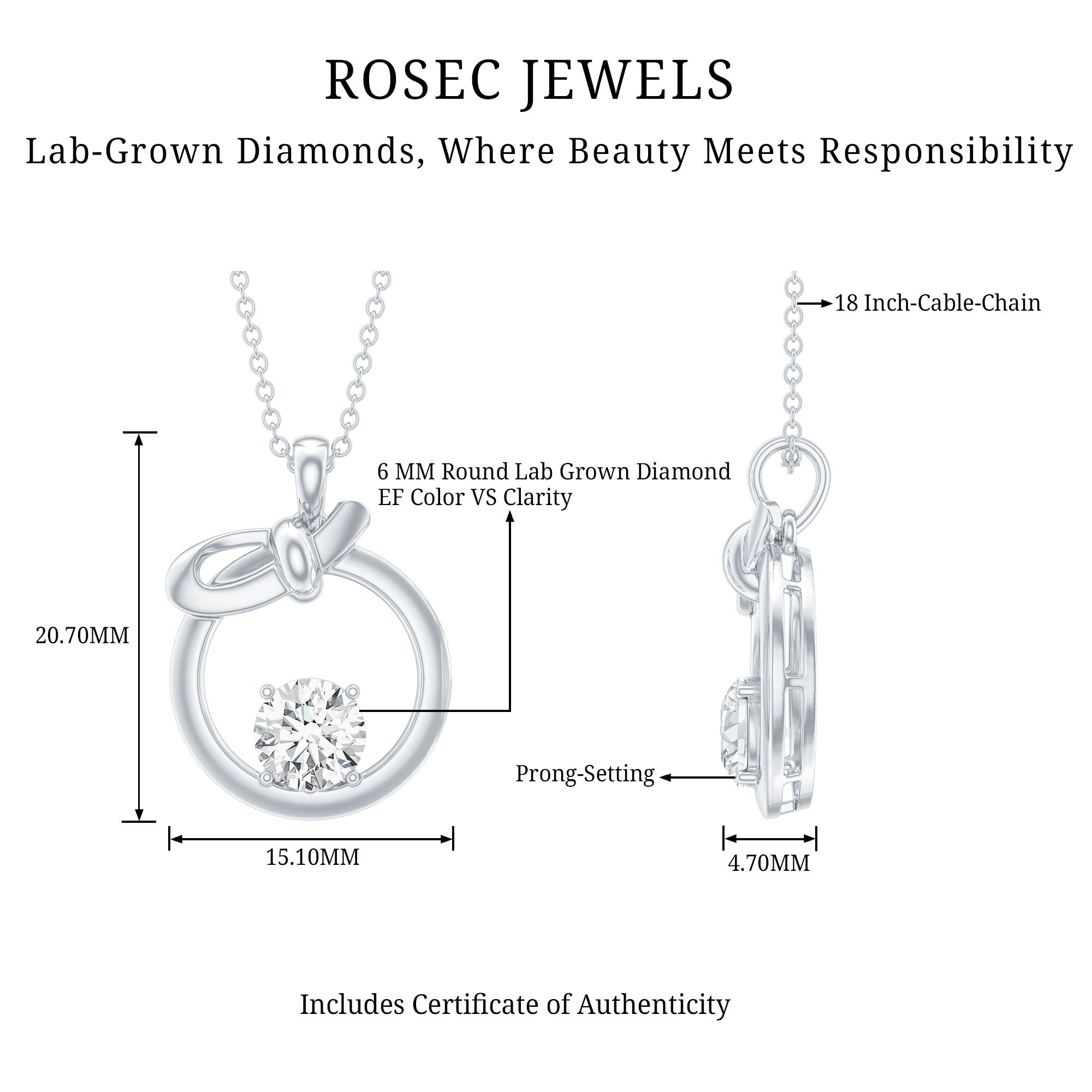 Round Lab Grown Diamond Open Circle Necklace with Bow Lab - ( EF-VS ) - Rosec Jewels