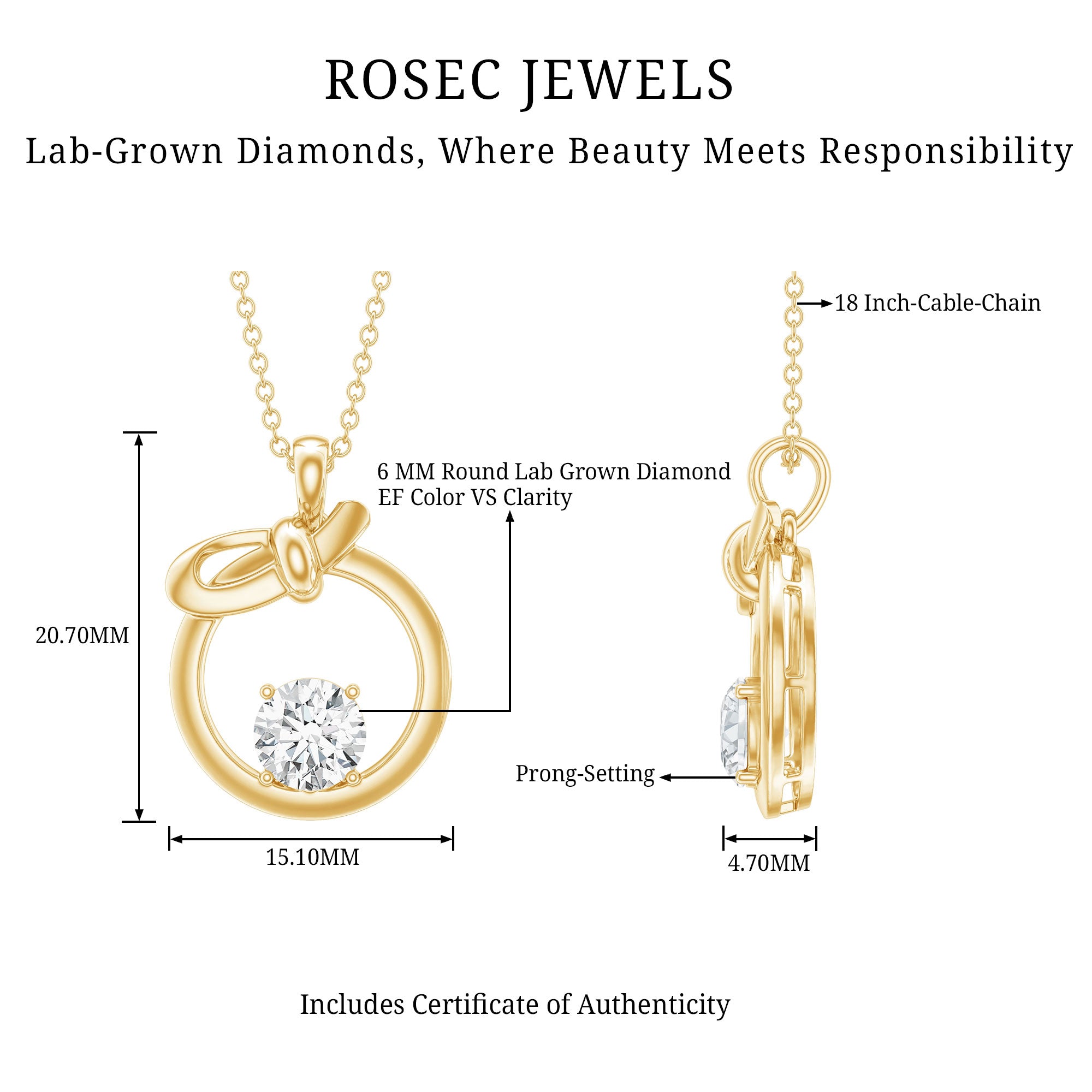 Round Lab Grown Diamond Open Circle Necklace with Bow Lab - ( EF-VS ) - Rosec Jewels