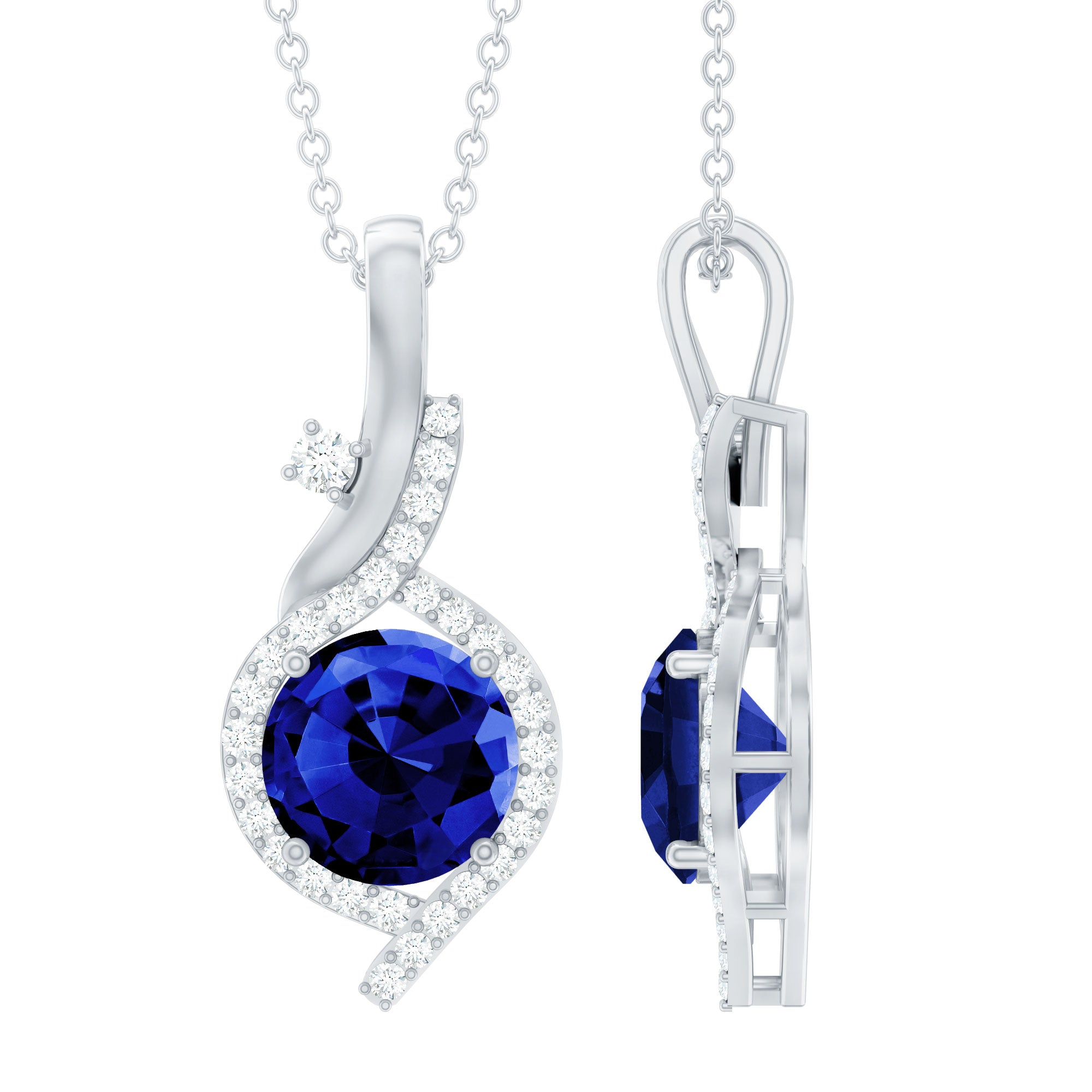 Certified Lab Grown Blue Sapphire Pendant Necklace With Diamonds AAAA - Rosec Jewels