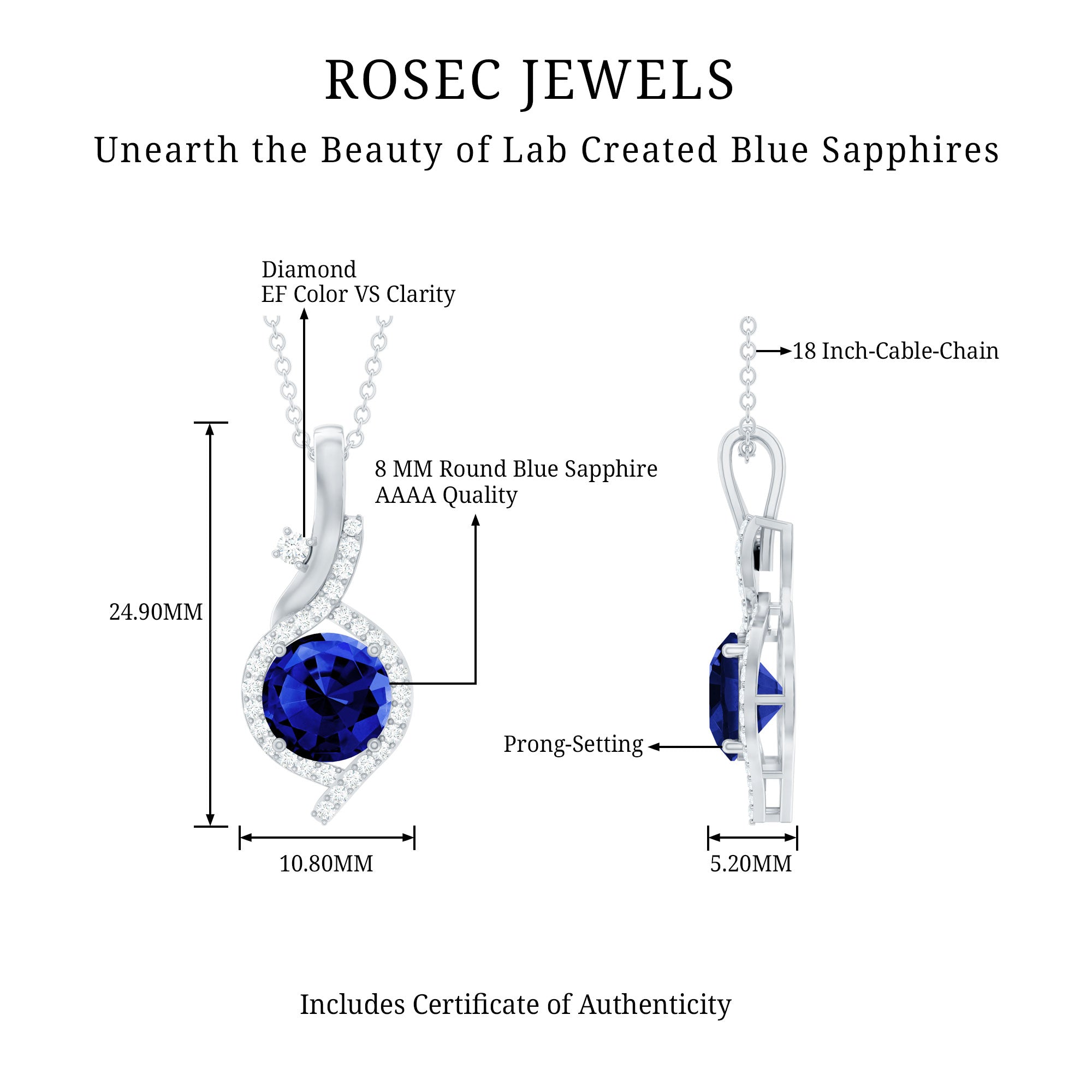 Certified Lab Grown Blue Sapphire Pendant Necklace With Diamonds AAAA - Rosec Jewels