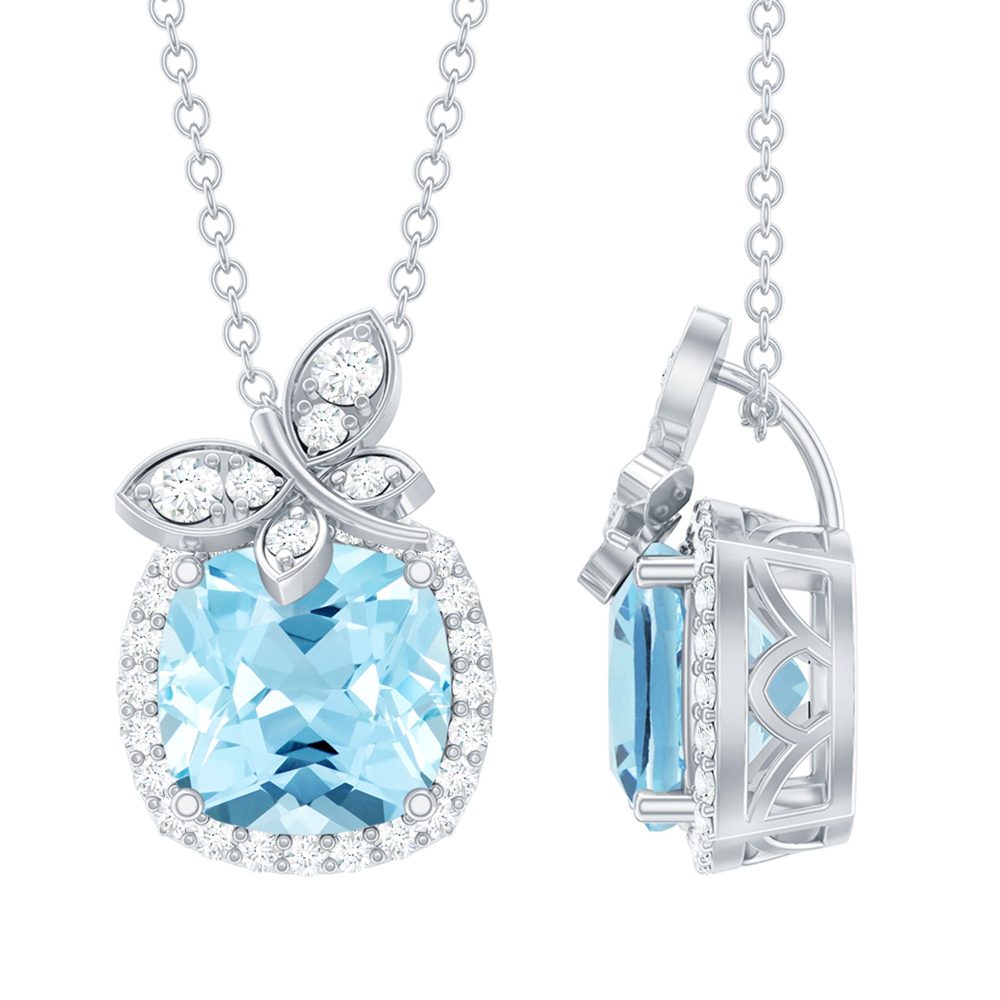 Certified 6 MM Cushion Aquamarine Halo Pendant with Butterfly Motif