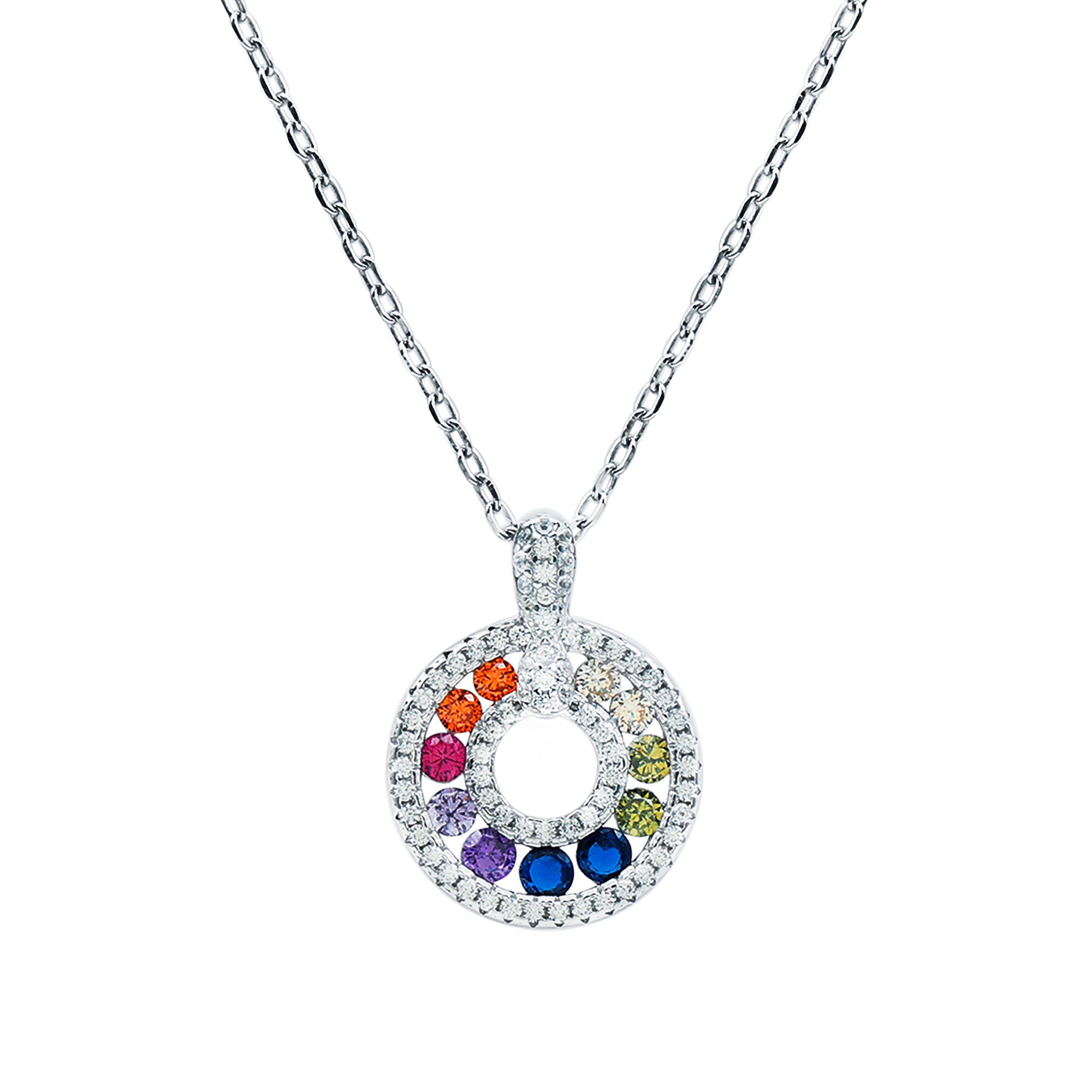 Multi Gemstone Rainbow Circle Necklace with Silver Chain AAAA 92.5 Sterling Silver - Rosec Jewels