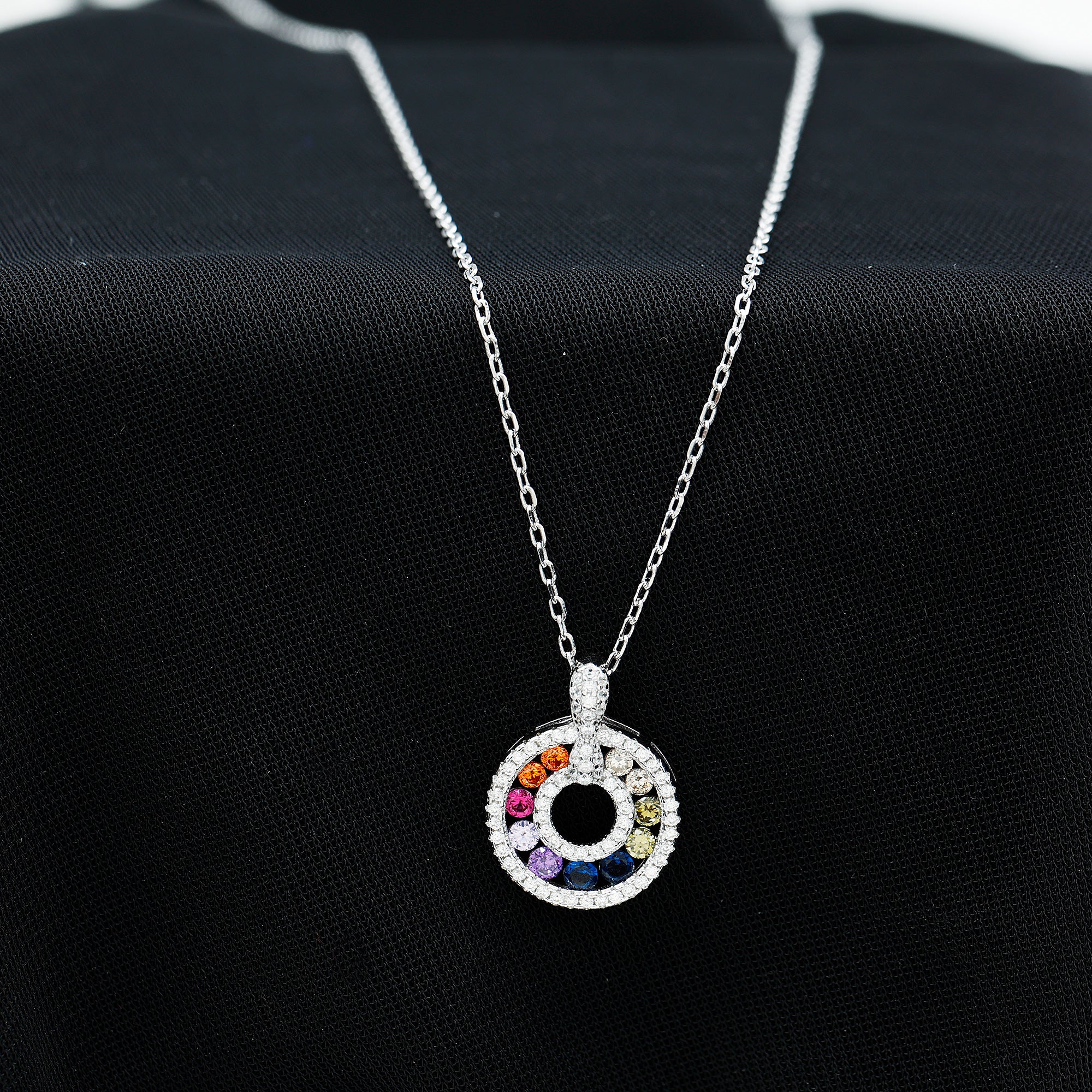 Multi Gemstone Rainbow Circle Necklace with Silver Chain AAAA 92.5 Sterling Silver - Rosec Jewels