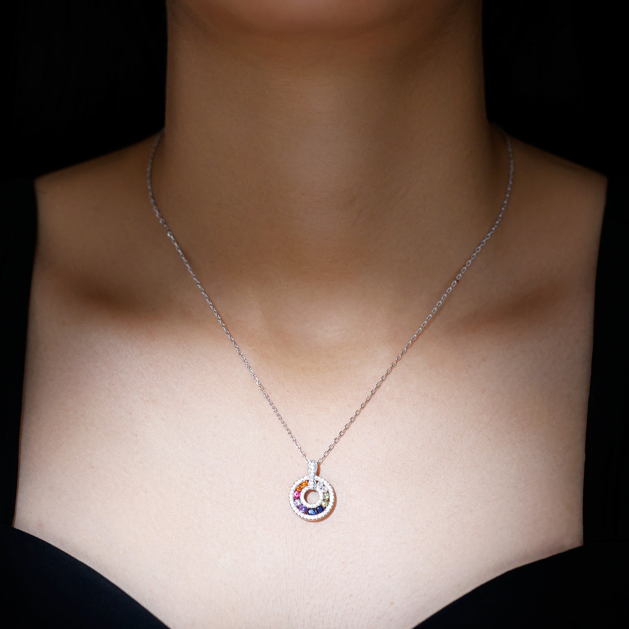 Multi Gemstone Rainbow Circle Necklace with Silver Chain AAAA 92.5 Sterling Silver - Rosec Jewels