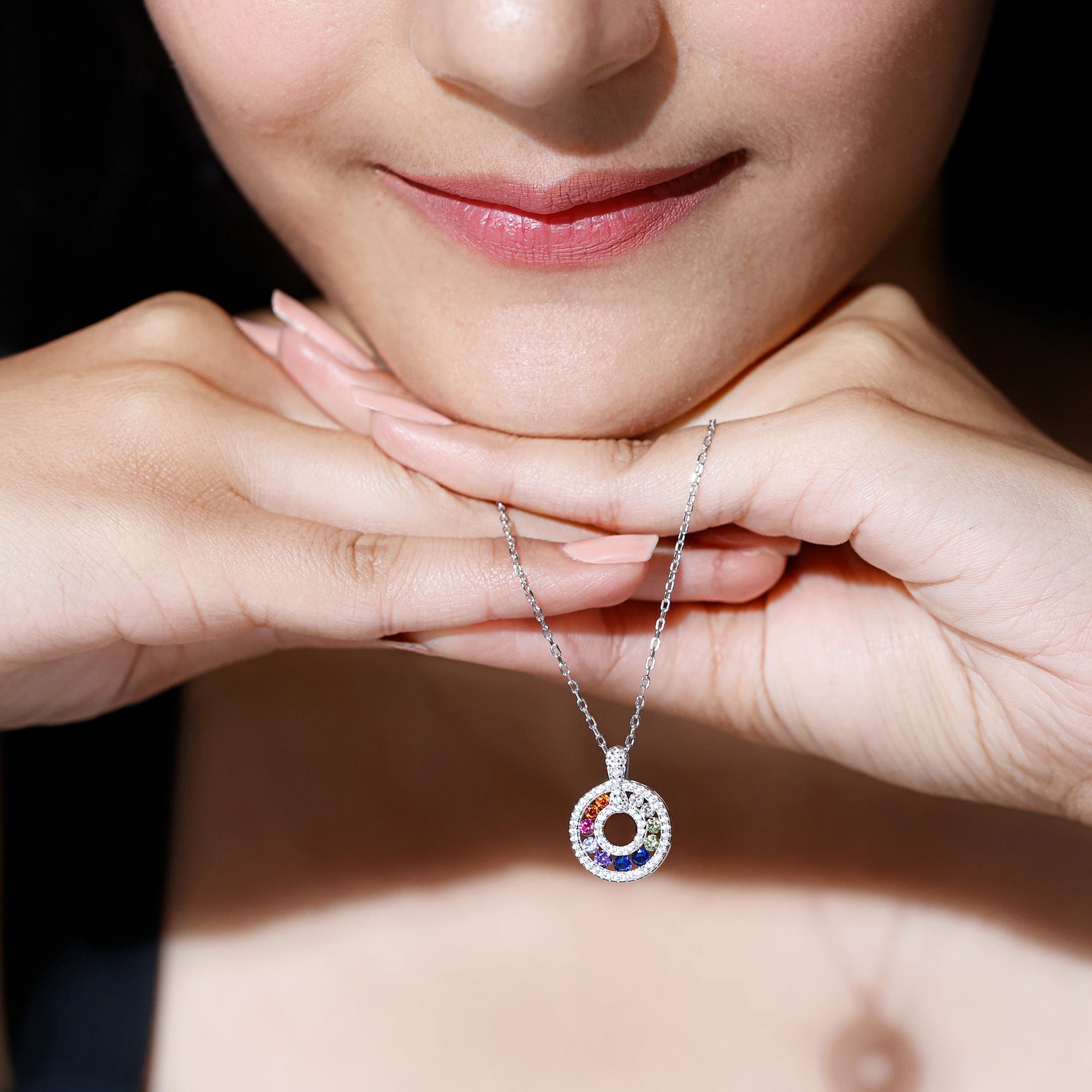 Multi Gemstone Rainbow Circle Necklace with Silver Chain AAAA 92.5 Sterling Silver - Rosec Jewels