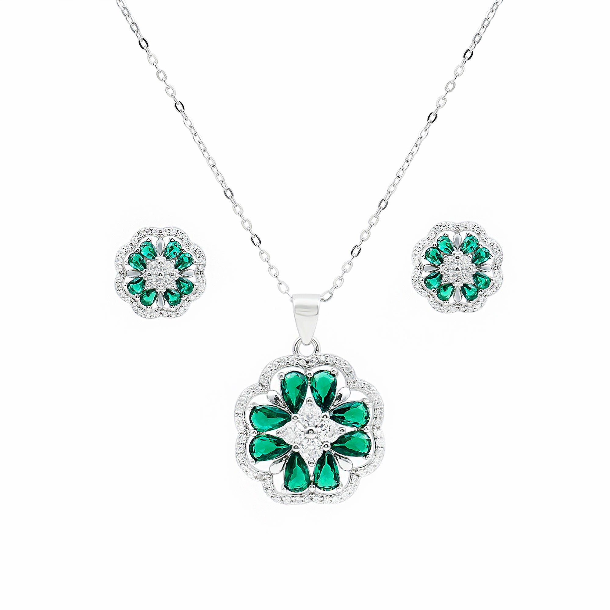 Lab Created Emerald and CZ Flower Necklace and Earrings Set
