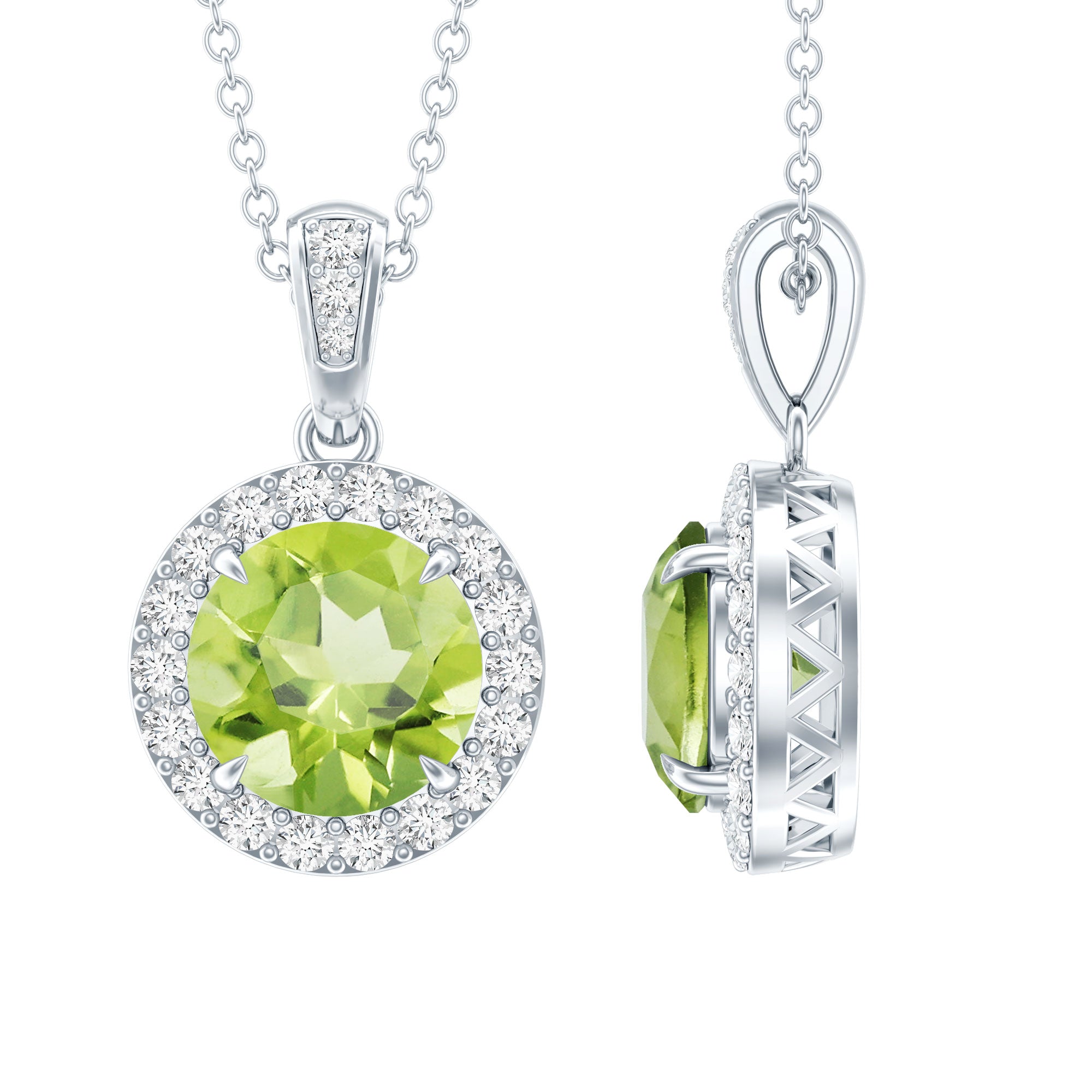 Sterling Silver 2 Carat Peridot Pendant Necklace with Halo AAA 92.5 Sterling Silver - Rosec Jewels