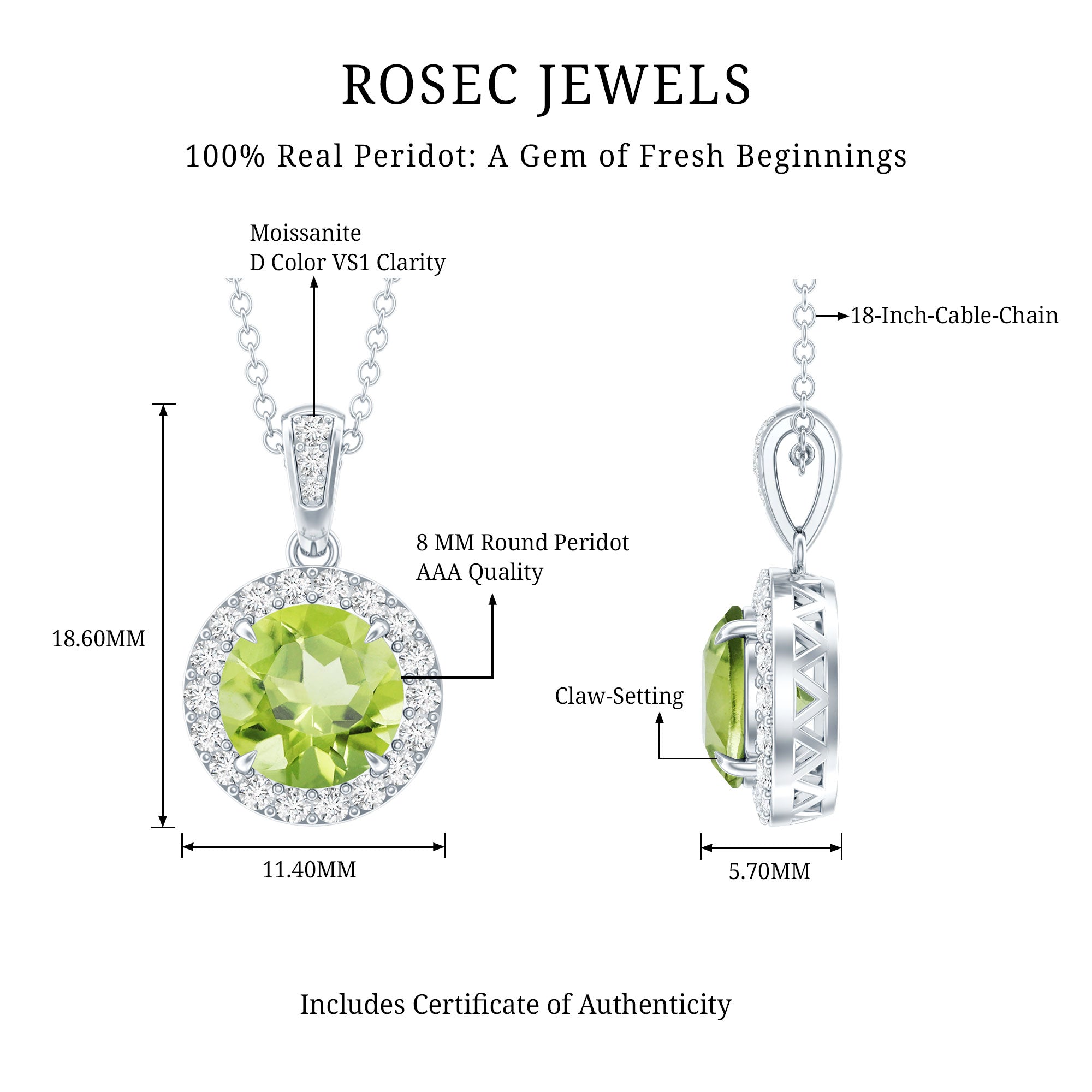 Sterling Silver 2 Carat Peridot Pendant Necklace with Halo AAA 92.5 Sterling Silver - Rosec Jewels