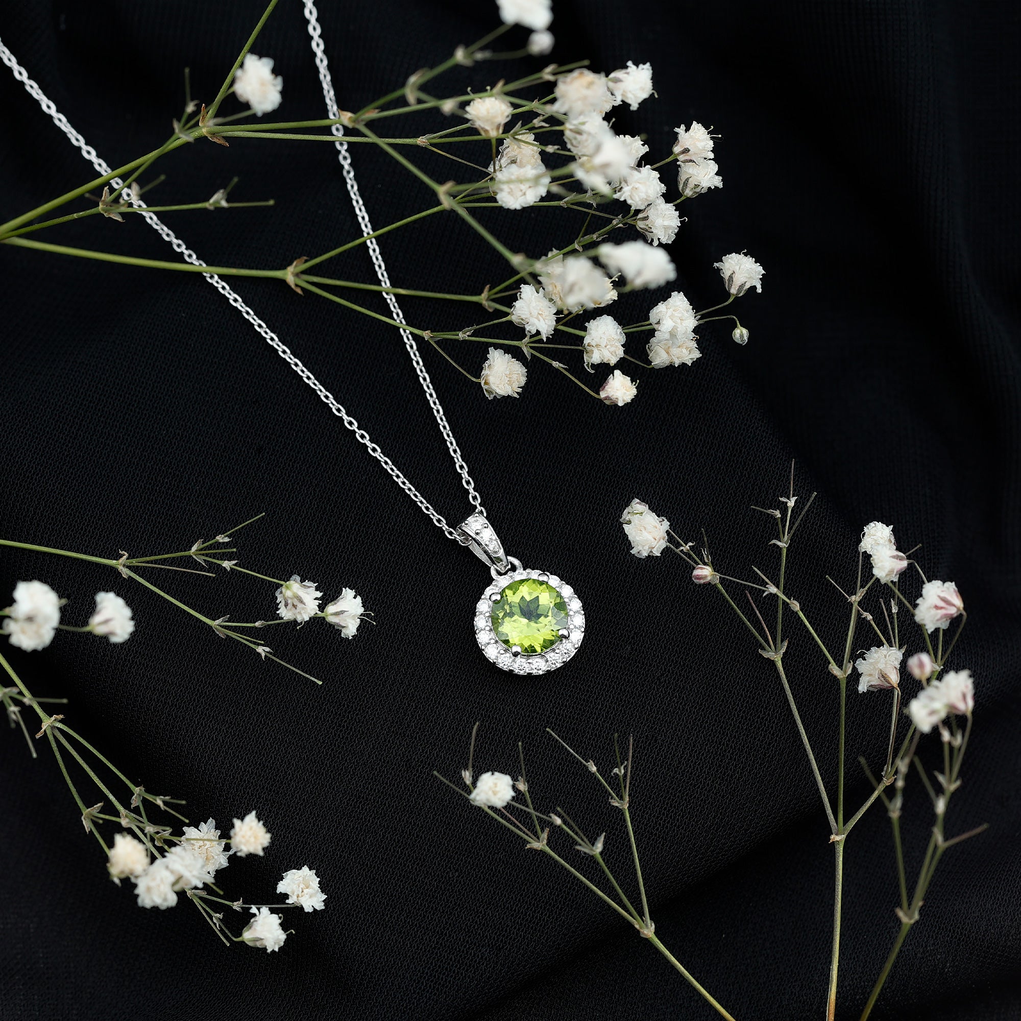 Sterling Silver 2 Carat Peridot Pendant Necklace with Halo AAA 92.5 Sterling Silver - Rosec Jewels