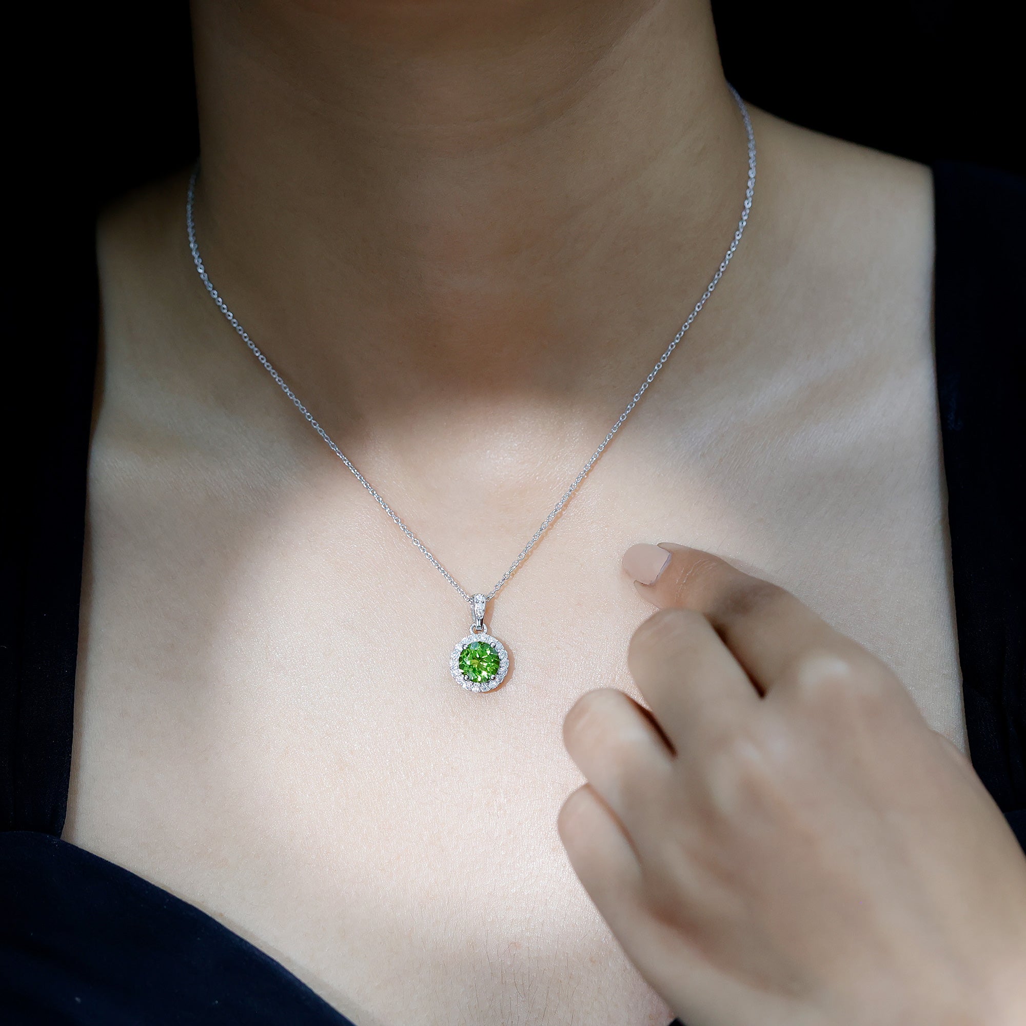 Sterling Silver 2 Carat Peridot Pendant Necklace with Halo AAA 92.5 Sterling Silver - Rosec Jewels