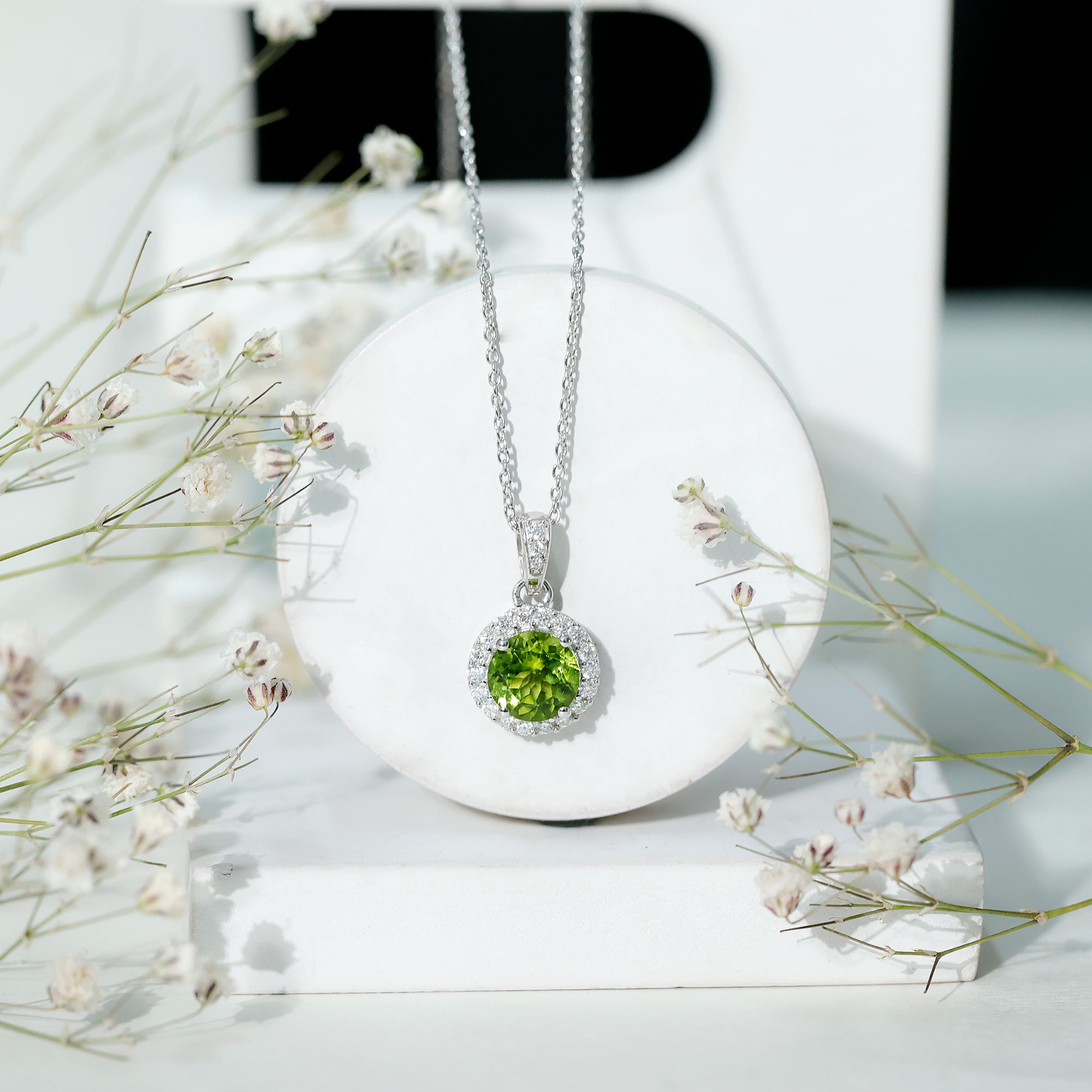 Sterling Silver 2 Carat Peridot Pendant Necklace with Halo AAA 92.5 Sterling Silver - Rosec Jewels