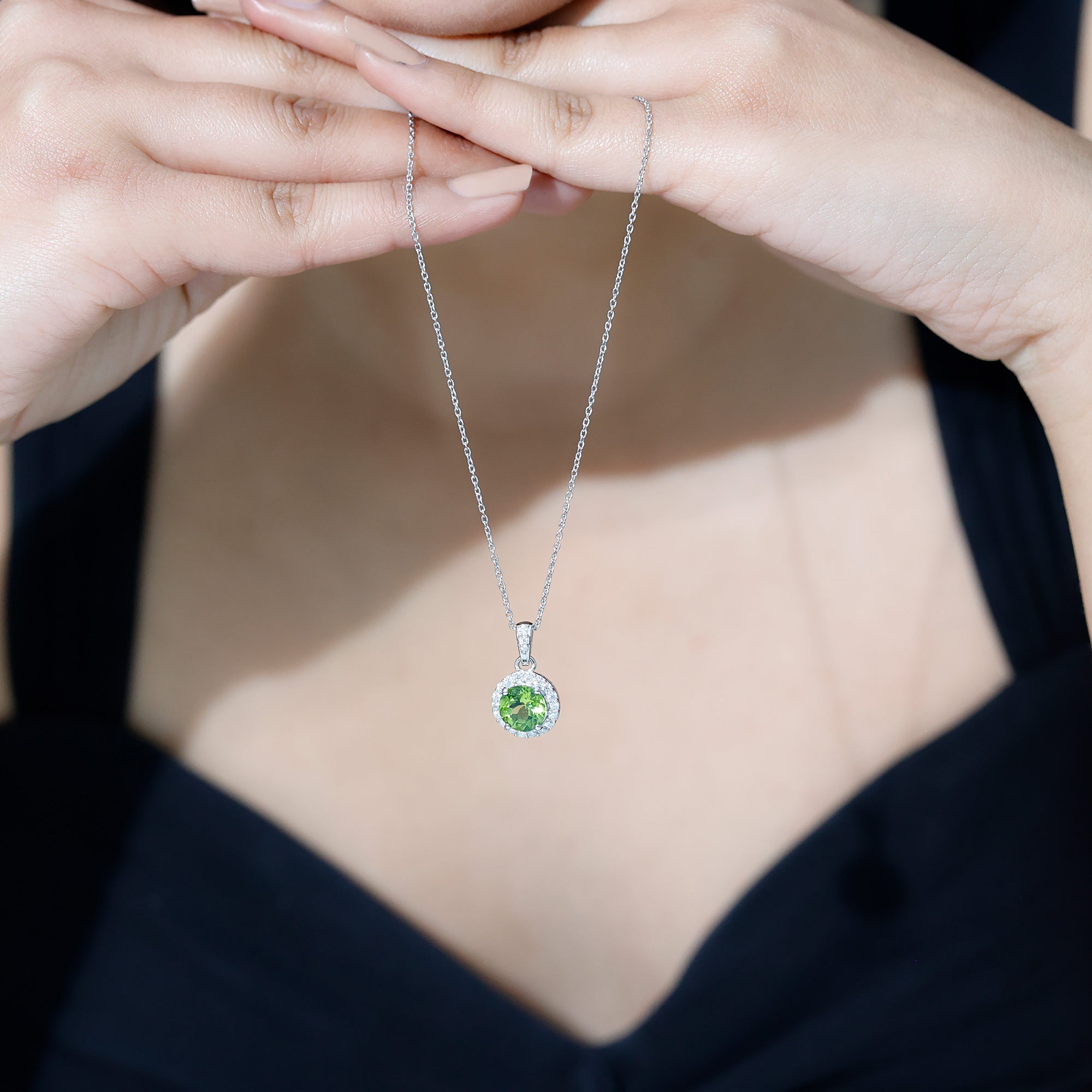 Sterling Silver 2 Carat Peridot Pendant Necklace with Halo AAA 92.5 Sterling Silver - Rosec Jewels