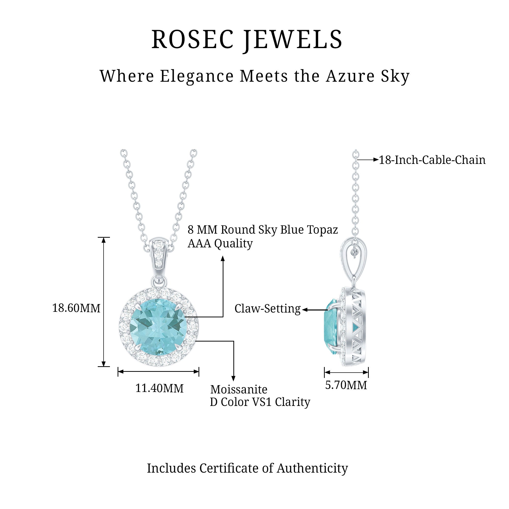 Round Cut 2 Carat Sky Blue Topaz Pendant Necklace With Silver Chain AAA 92.5 Sterling Silver - Rosec Jewels