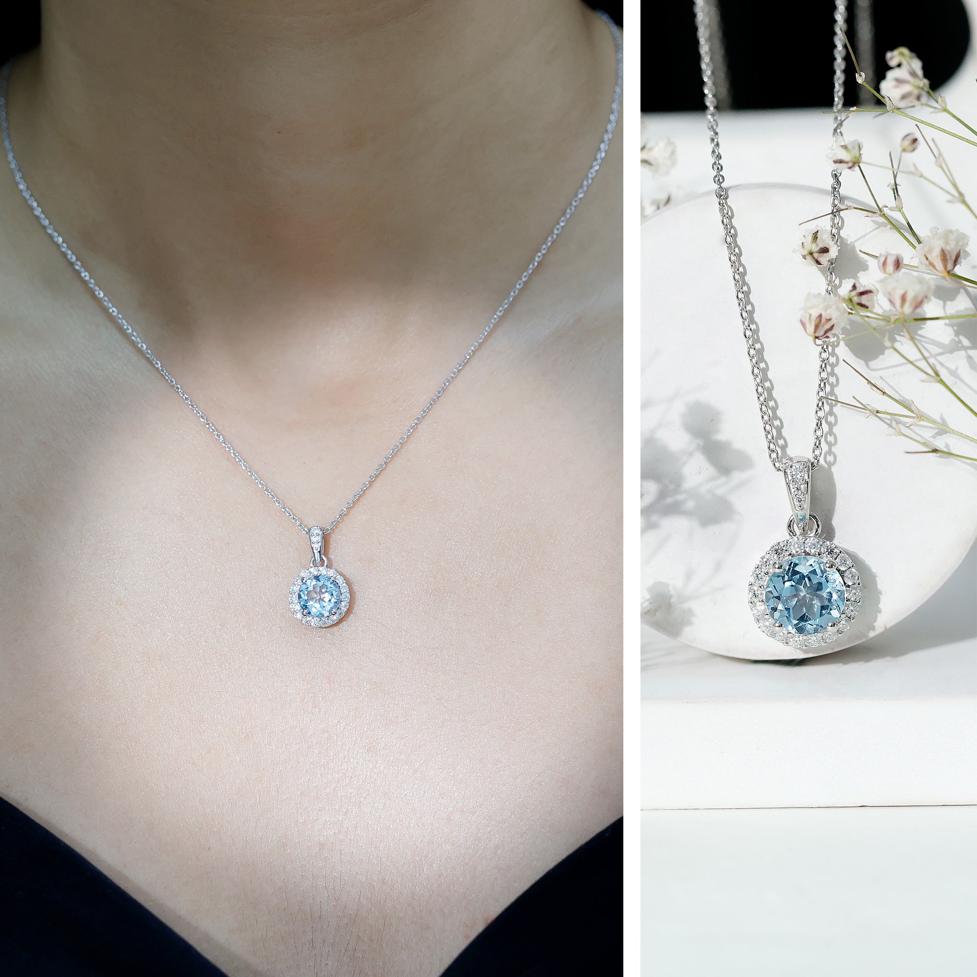 Round Cut 2 Carat Sky Blue Topaz Pendant Necklace With Silver Chain AAA 92.5 Sterling Silver - Rosec Jewels