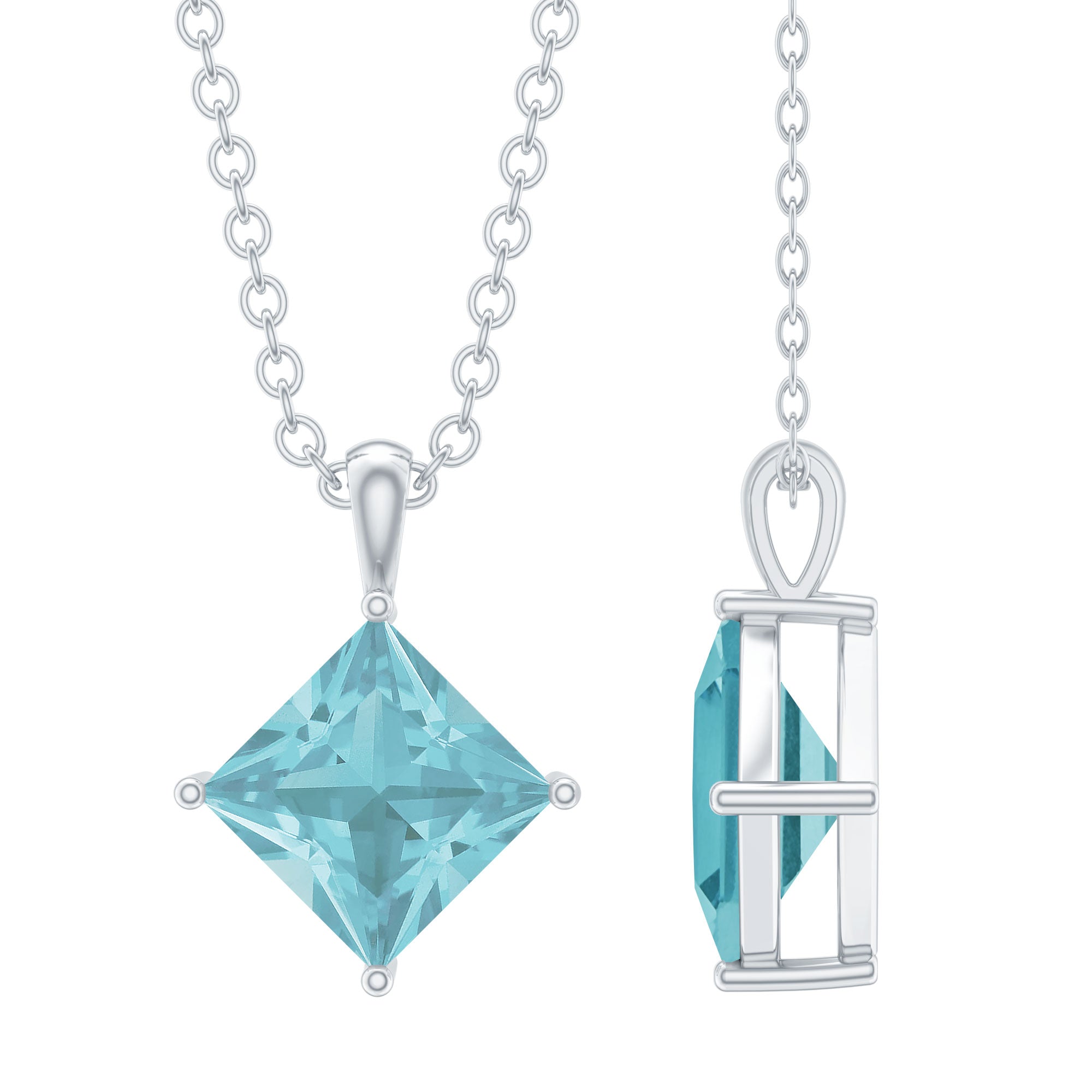 3 Carat Princess Cut Sky Blue Topaz Solitaire Necklace with Silver Chain AAA 92.5 Sterling Silver - Rosec Jewels