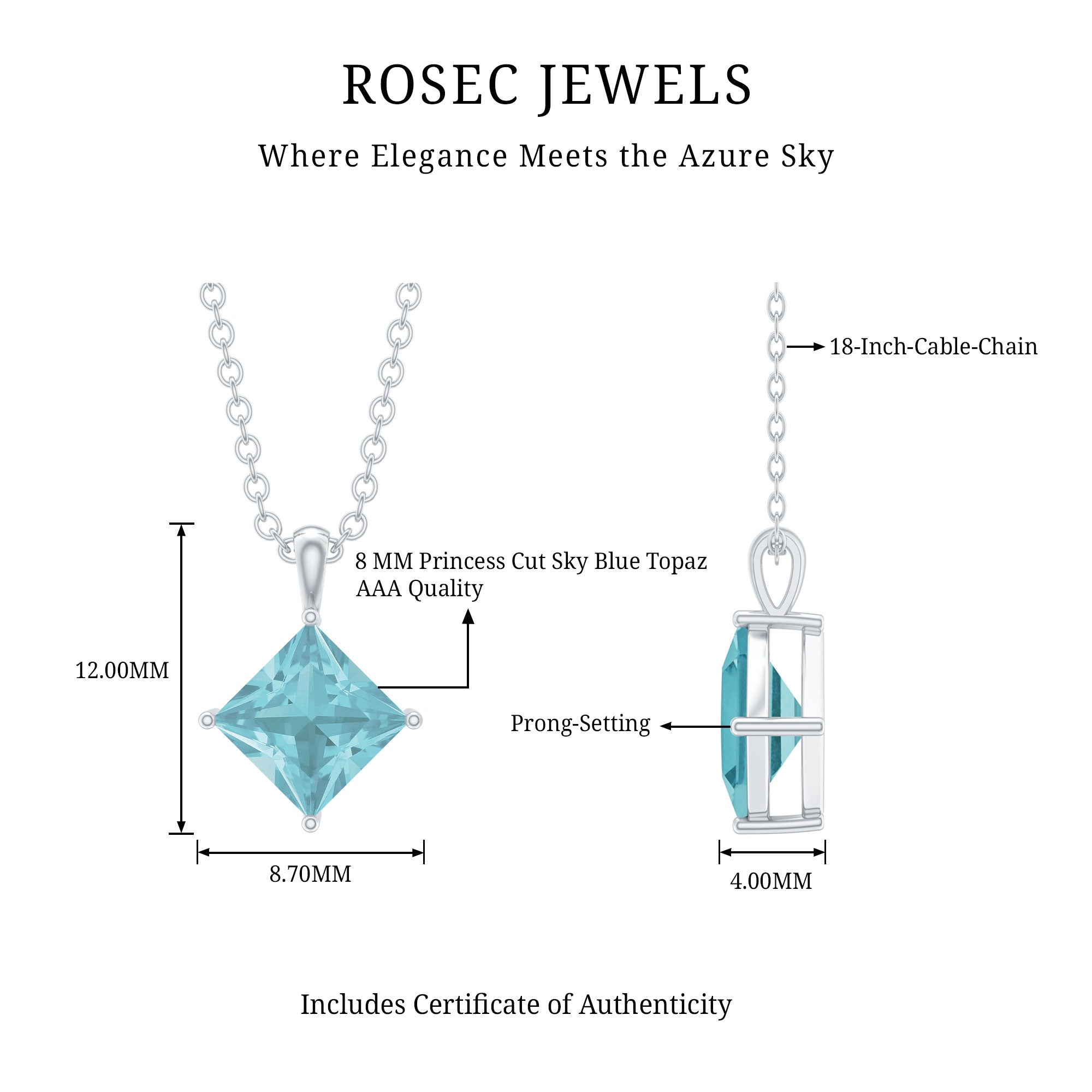 3 Carat Princess Cut Sky Blue Topaz Solitaire Necklace with Silver Chain AAA 92.5 Sterling Silver - Rosec Jewels