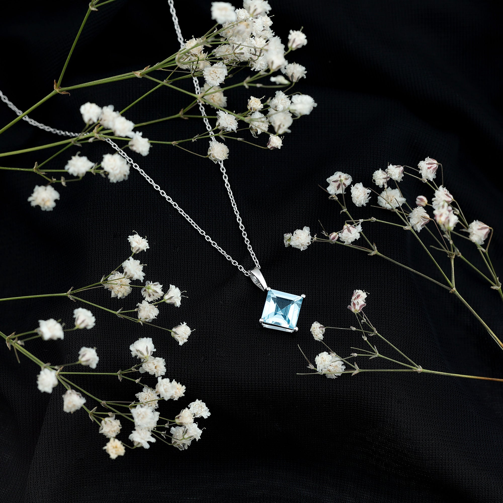3 Carat Princess Cut Sky Blue Topaz Solitaire Necklace with Silver Chain AAA 92.5 Sterling Silver - Rosec Jewels