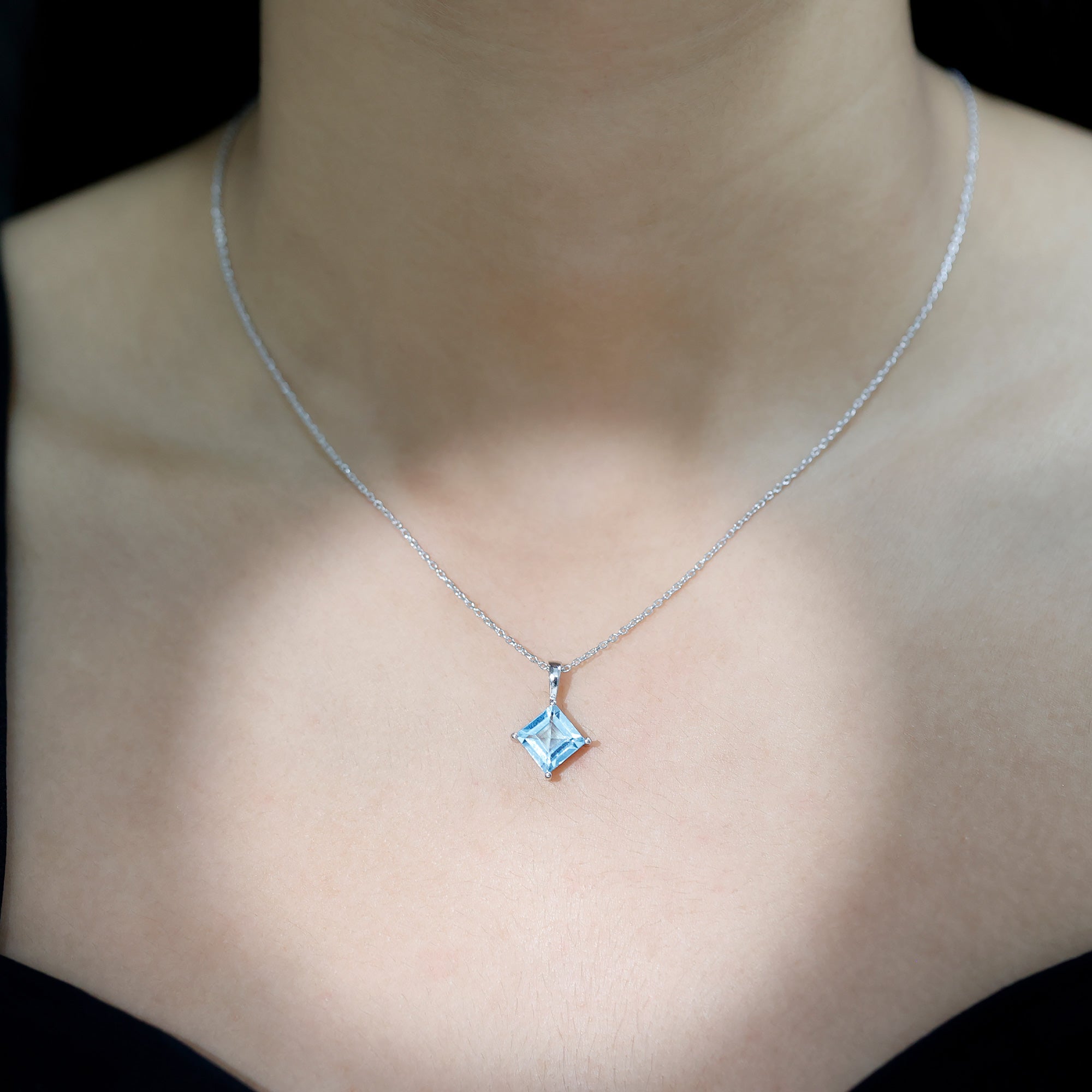 3 Carat Princess Cut Sky Blue Topaz Solitaire Necklace with Silver Chain AAA 92.5 Sterling Silver - Rosec Jewels