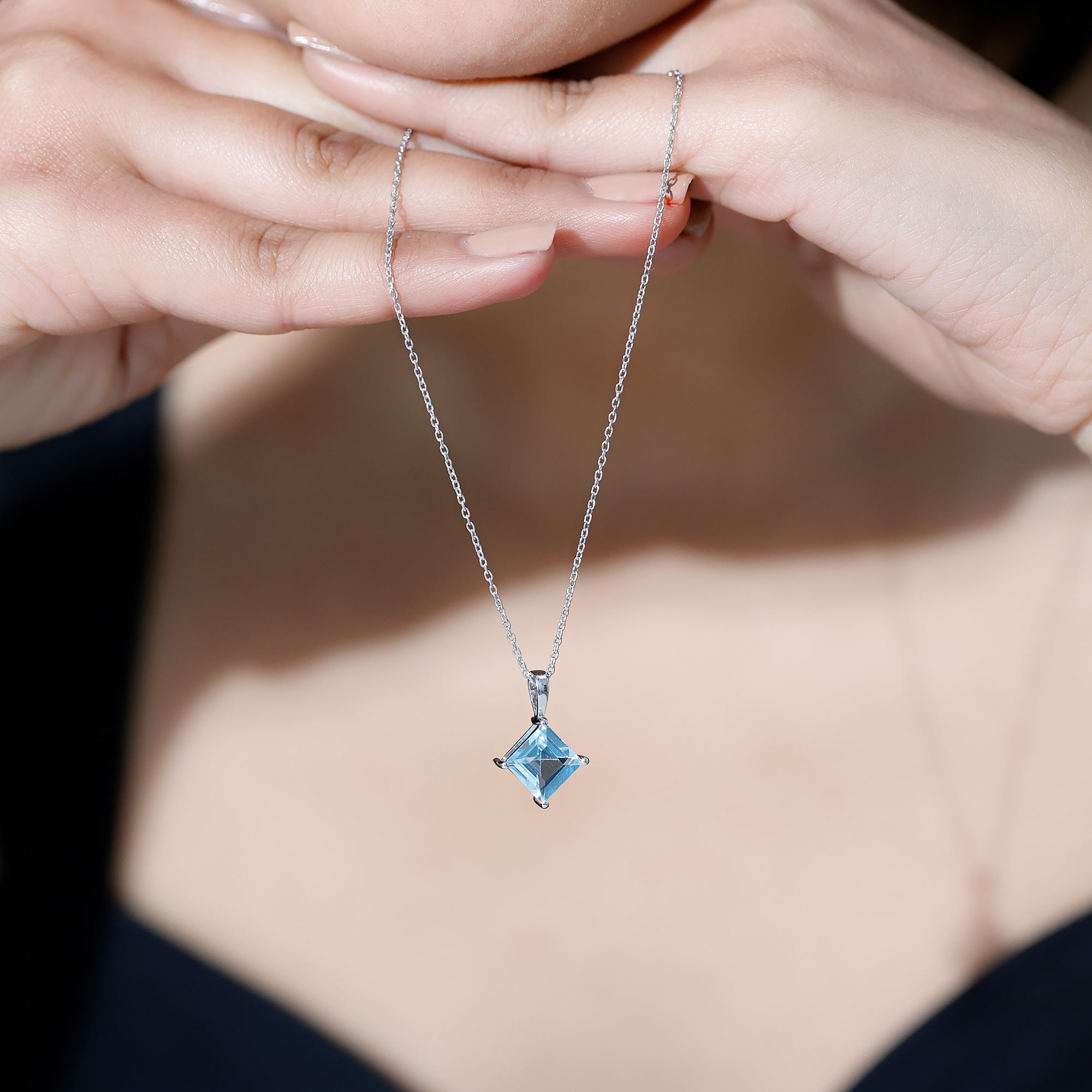 3 Carat Princess Cut Sky Blue Topaz Solitaire Necklace with Silver Chain AAA 92.5 Sterling Silver - Rosec Jewels