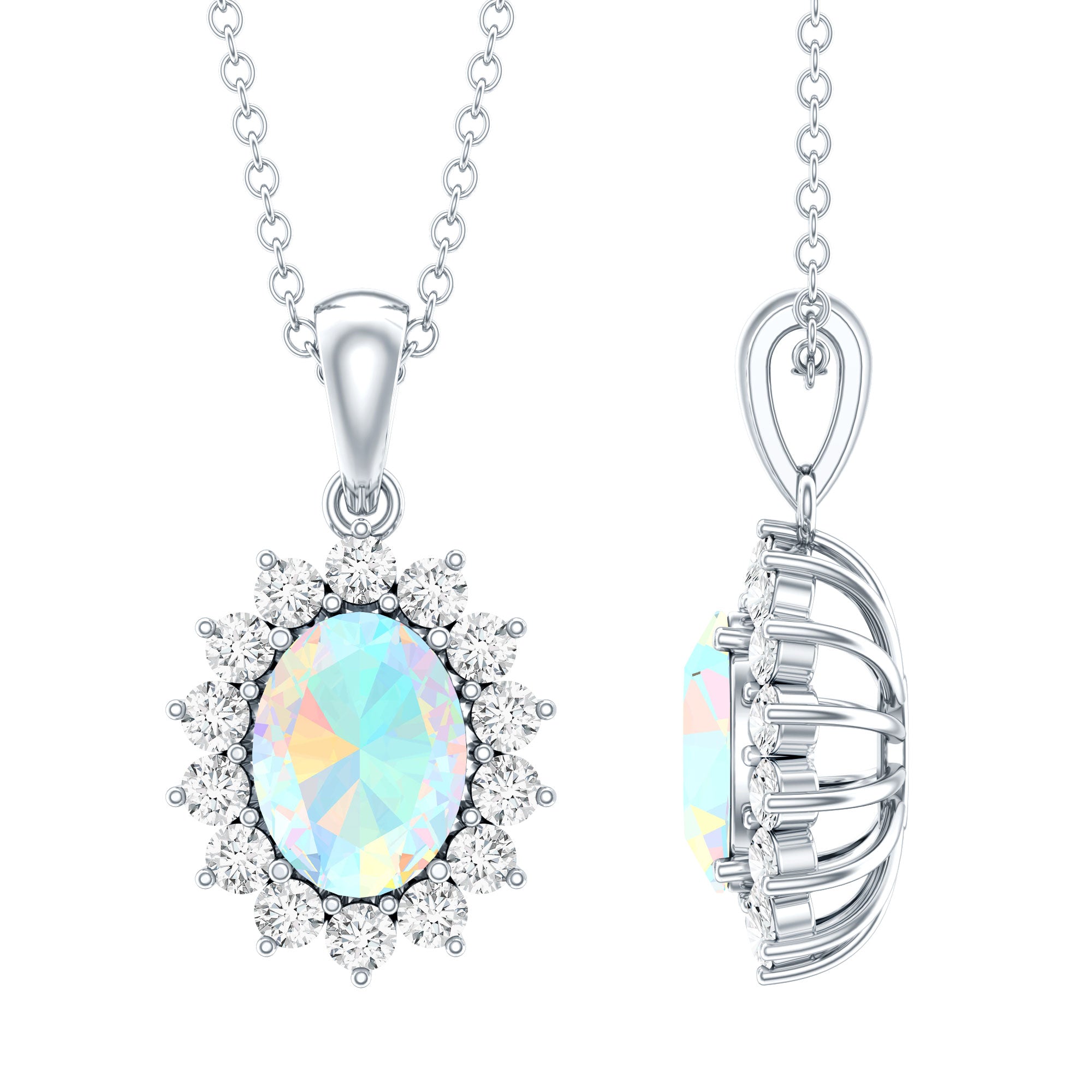 Real 1.9 Carat Ethiopian Opal Halo Necklace With Silver Chain AAA 92.5 Sterling Silver - Rosec Jewels