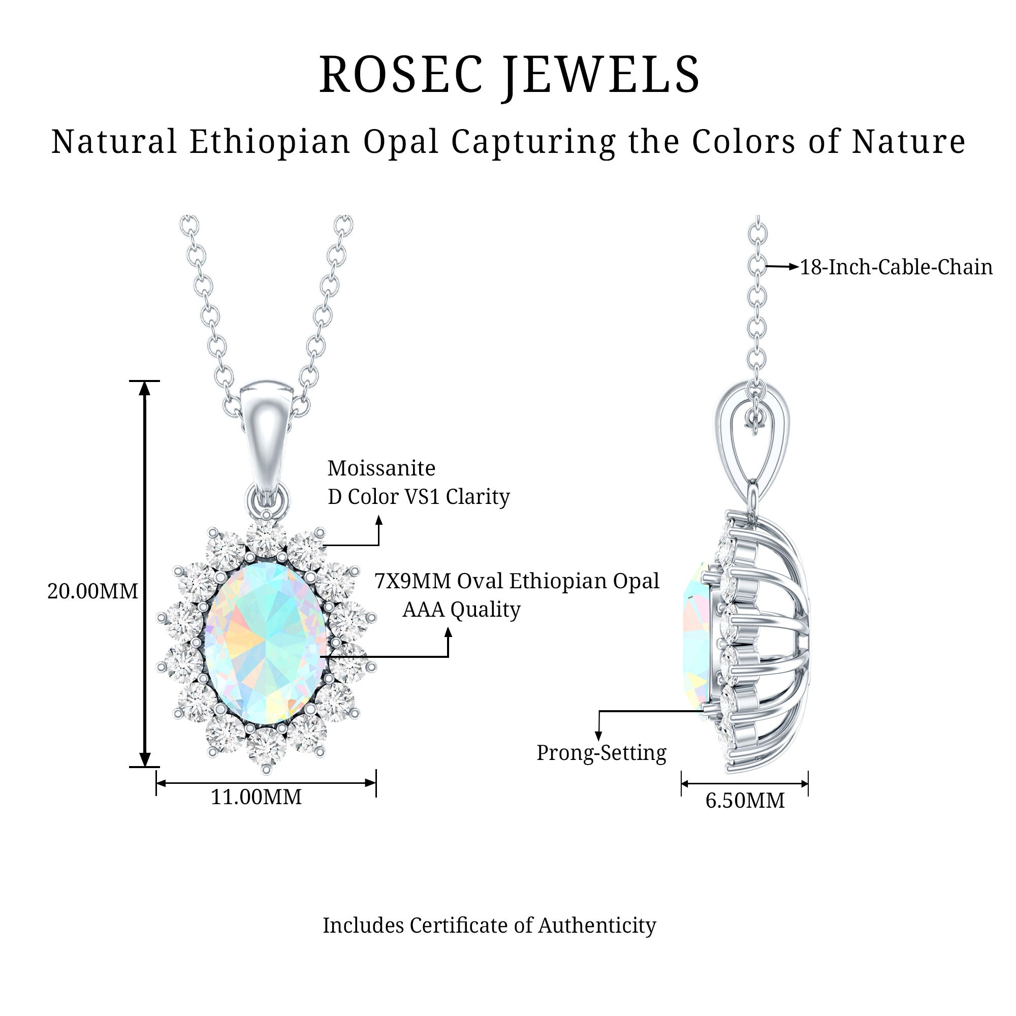 Real 1.9 Carat Ethiopian Opal Halo Necklace With Silver Chain AAA 92.5 Sterling Silver - Rosec Jewels